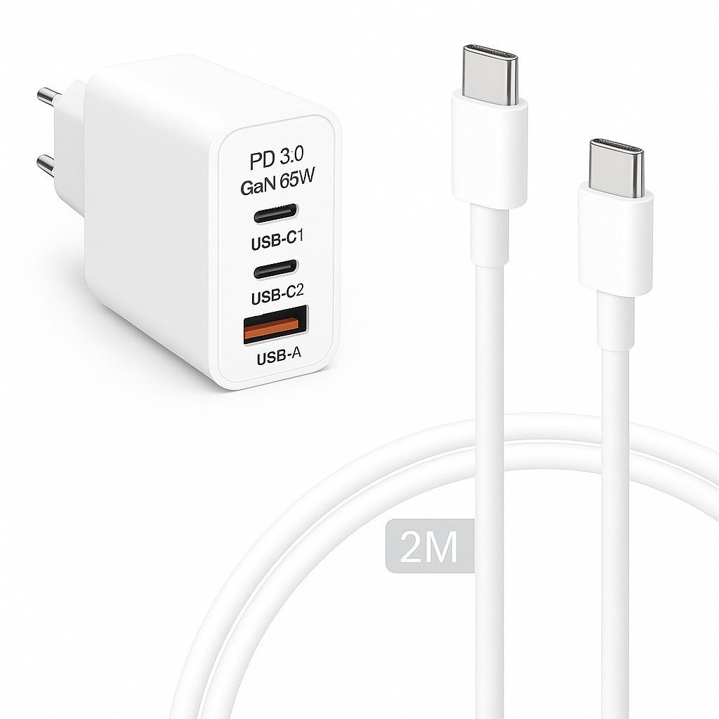 Alpha Electronics 65W USB-C Schnellladegerät für Samsung S25 S24 S23 iPhone 16 15 Huawei Smartphone-Ladegerät (3250 mA, Sonderangebot, 2-tlg., inklusive 1 Meter oder 2 Meter 65W USB-C Schnellladekabel, Universalkompatibilität Ladegerät Netzteil Adapter)