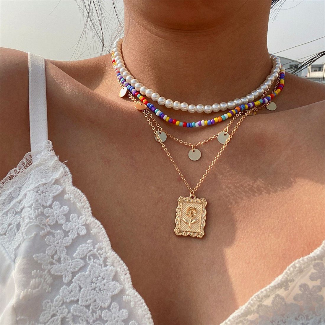 DÖRÖY Choker-Set Frauen faux Perle geschichteten Halskette Set, böhmische Halskette