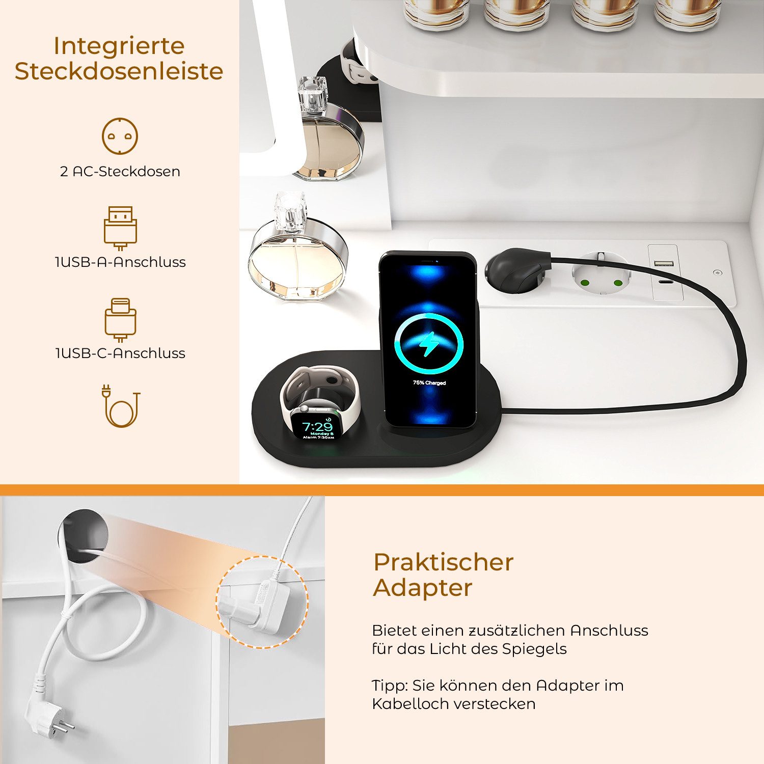 oyajia Schminktisch mit Spiegel und LED-Leuchten, Steckdosenleiste, Schubladen (integrierte Steckdose & USB+type C, modern für Schlafzimmer, GroBe 107*40*140cm) – Bild 3 von 5