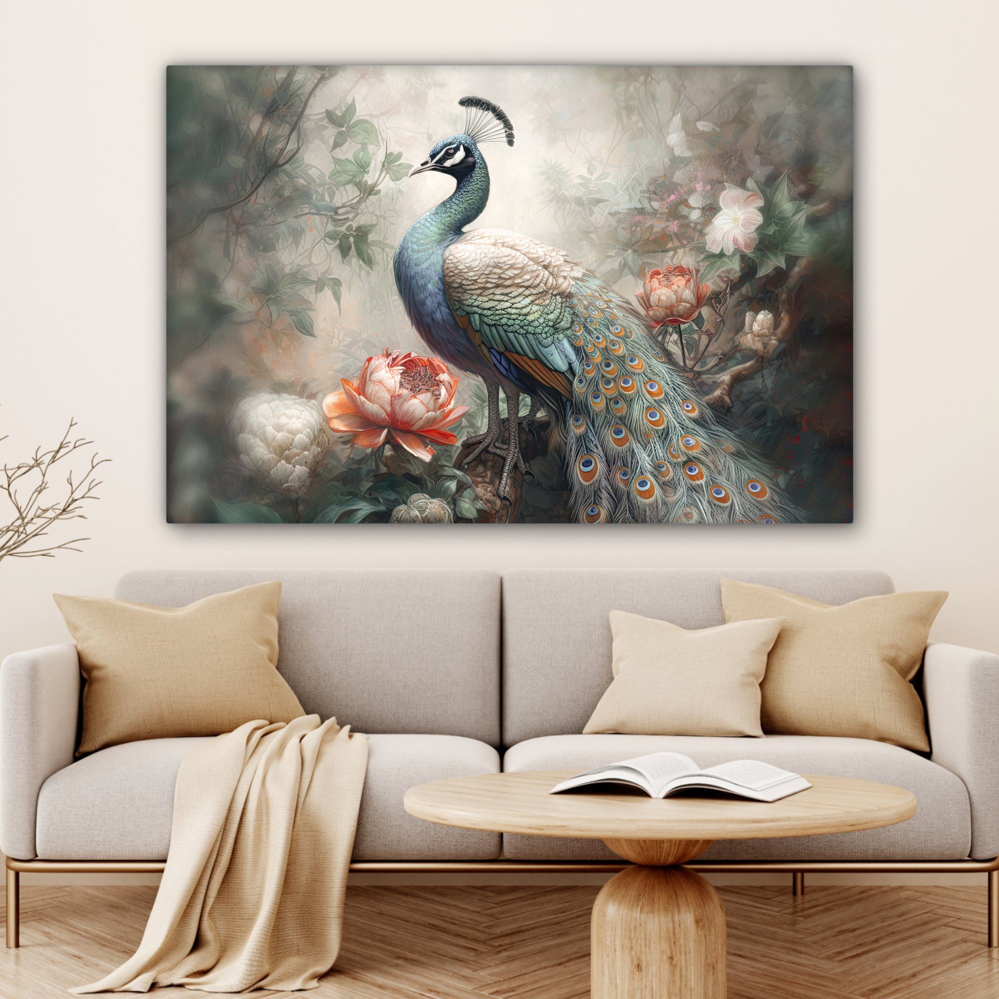 OneMillionCanvasses® Leinwandbild St), Gemälde, XXL, großes, 120x80 Vogel Wohnbereiche, Dschungel (1 für Blumen, - Pfauenfedern - - cm alle Wandbild - Pfau