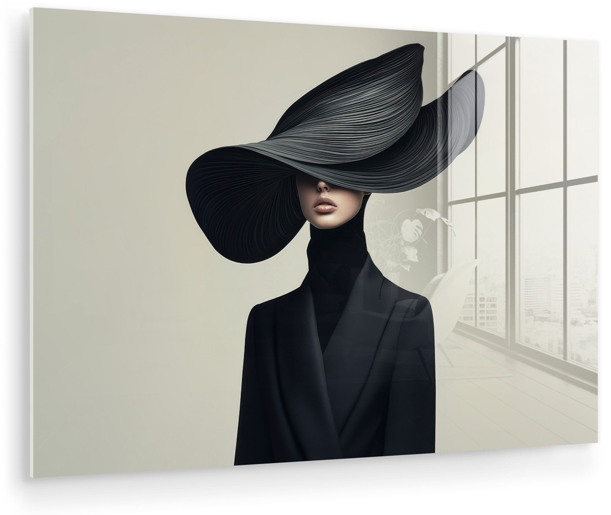 MuchoWow Acrylglasbild Schwarz - Frau - Hut, Inkl. Aufhängung, Glasbilder W günstig online kaufen