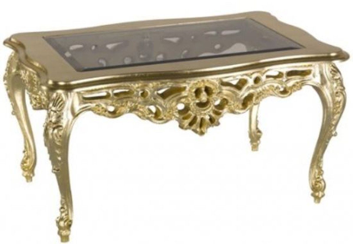 Casa Padrino Couchtisch Luxus Barock Couchtisch Gold 84 x 44 x H. 57 cm - Prunkvoller Wohnzimmertisch mit Glasplatte - Barock Möbel - Luxus Qualität - Made in Italy