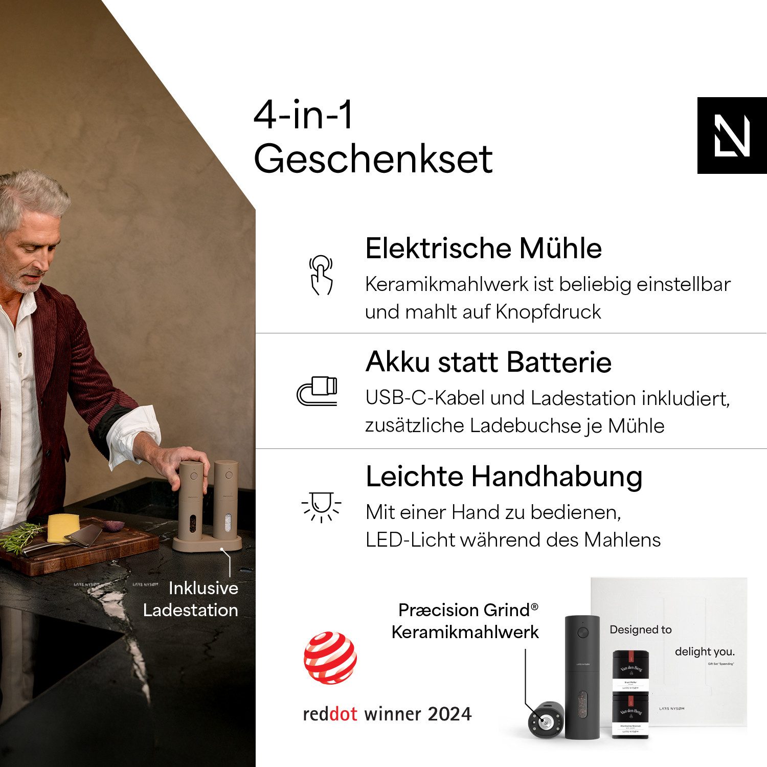 LARS NYSØM Gewürzmühle Spænding praktische Einhandbedienung per Drucktaste, (2 Stück), hochweritges Geschenkset mit elektrischen Gewürzmühlen – Bild 3 von 5