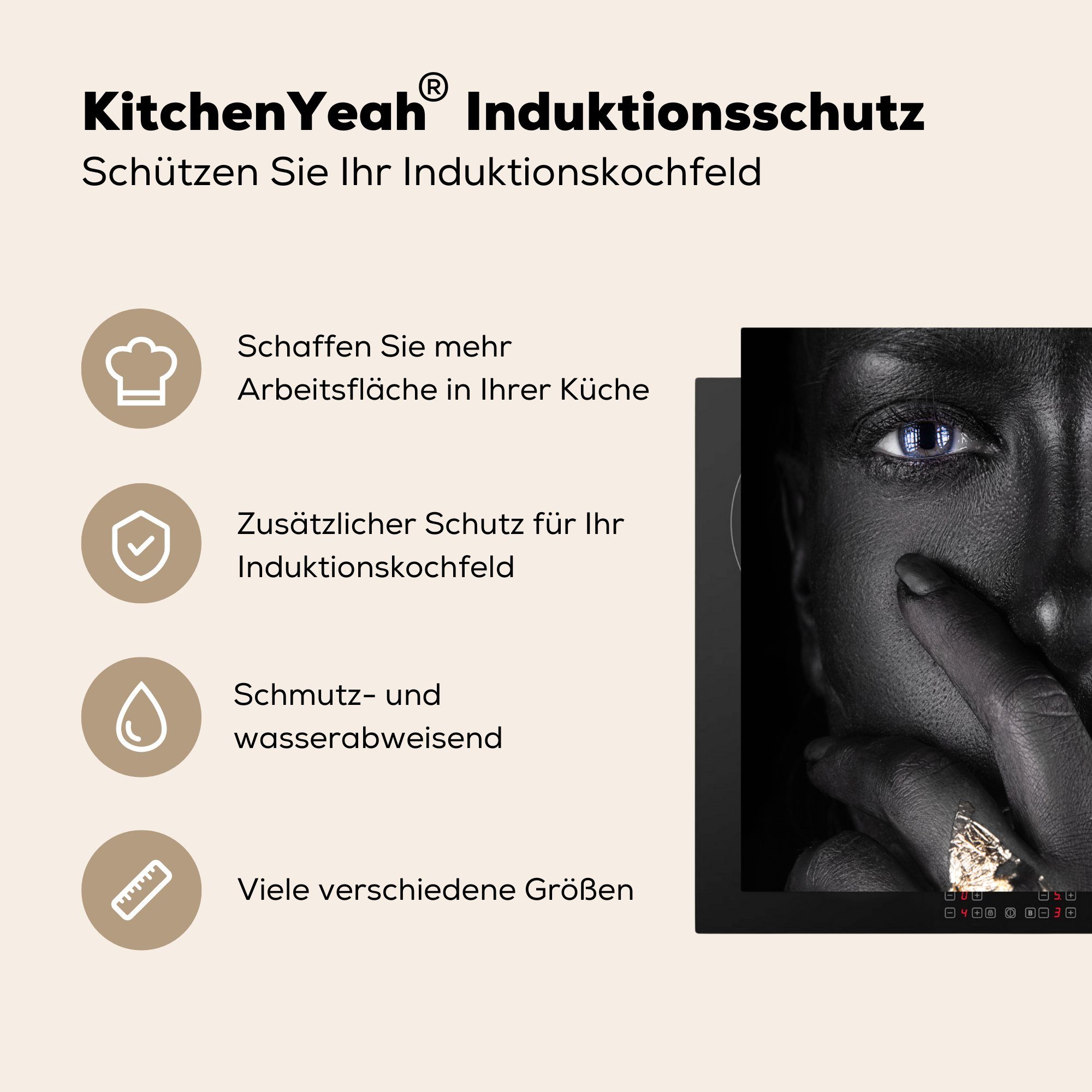 Frau Ceranfeldabdeckung Induktionsschutz, Vinyl, Schwarz - cm, - tlg), - Luxus, - Gold Induktionskochfeld, Make-up MuchoWow 59x51 Herdblende-/Abdeckplatte (1