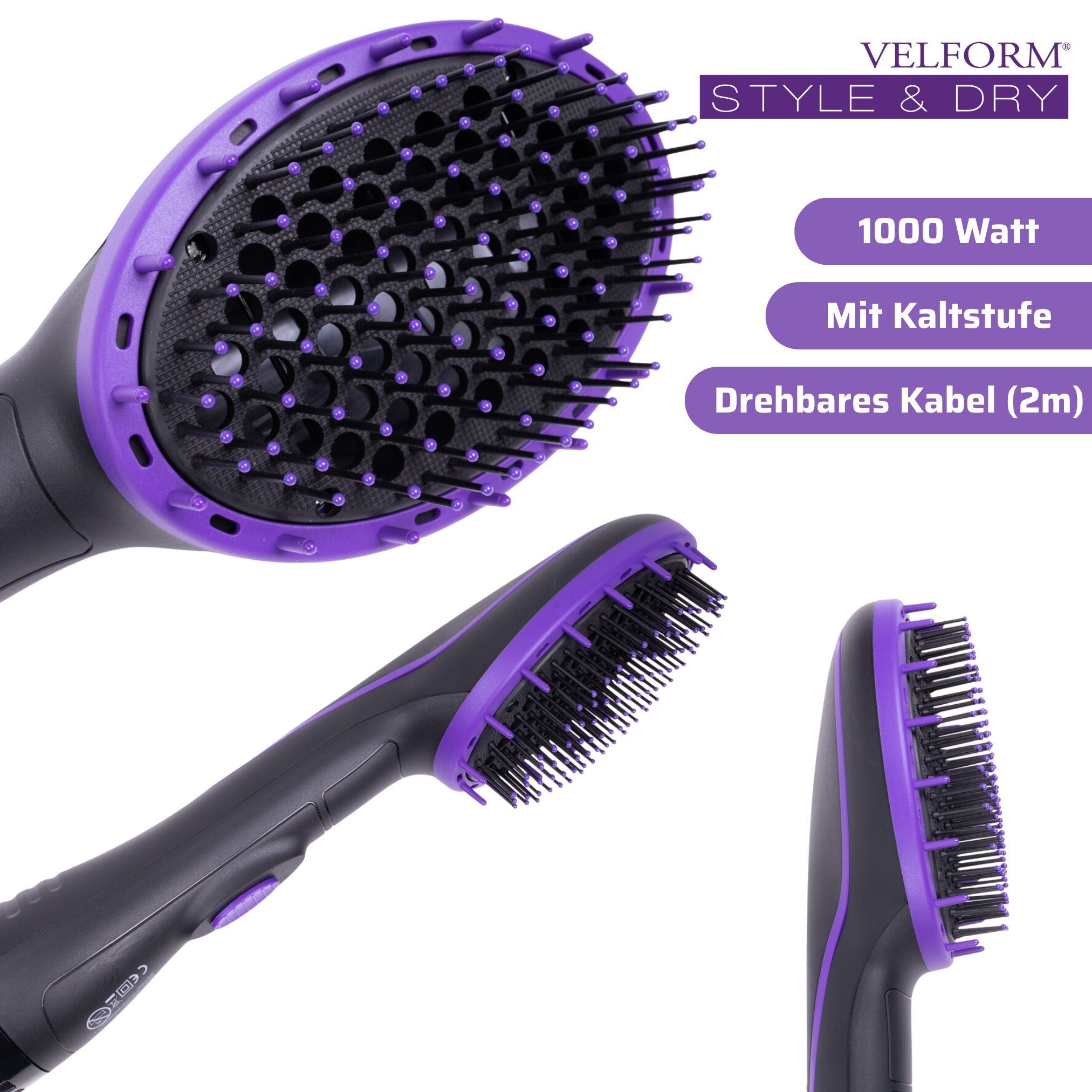 Velform® Warmluftbürste Style & Dry, 2 in 1 Bürste und Haartrockner in einem, 1000 Watt