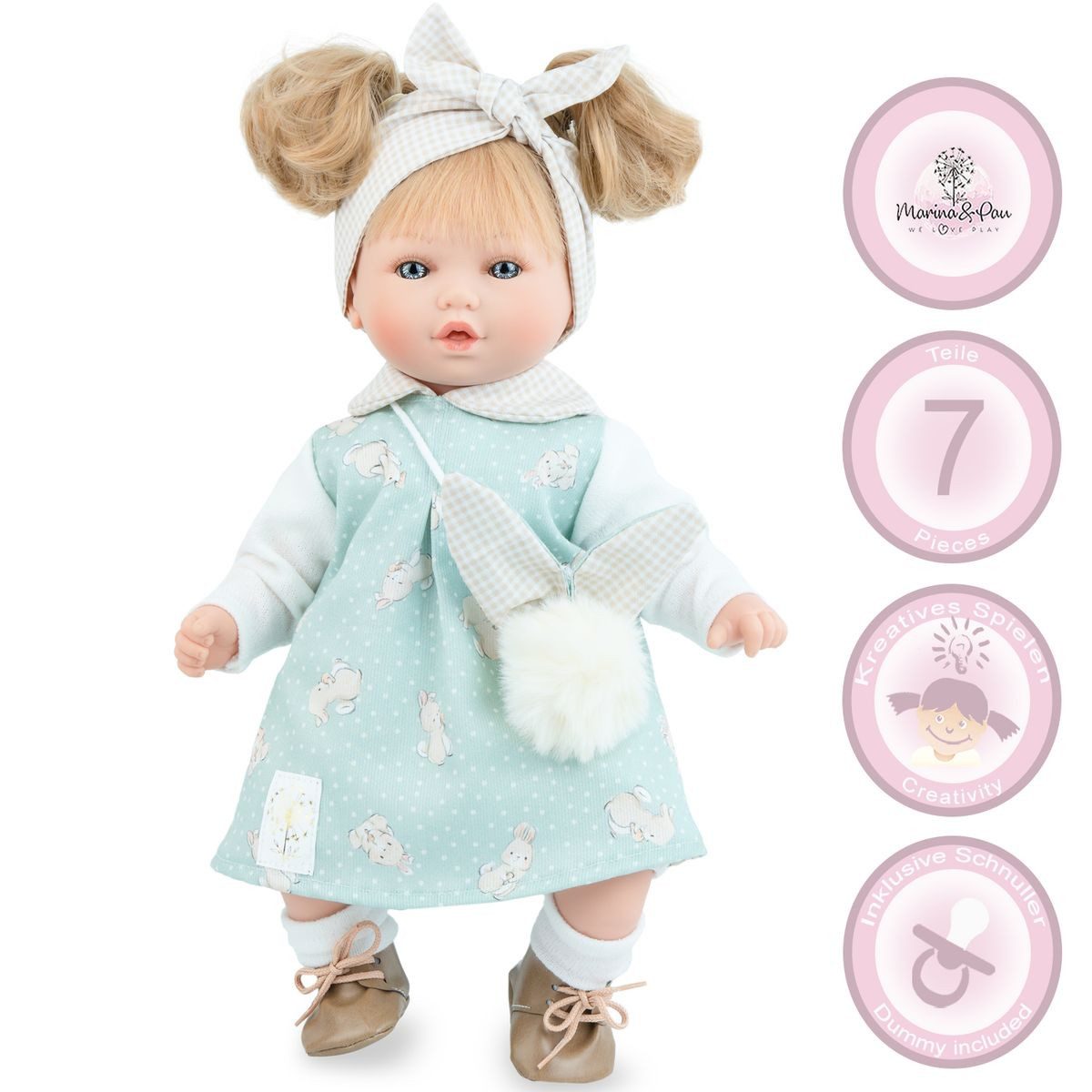 Marina & Pau Anziehpuppe Leni 40 cm mit langen Haaren & Schnuller Weichkörper für Kinder