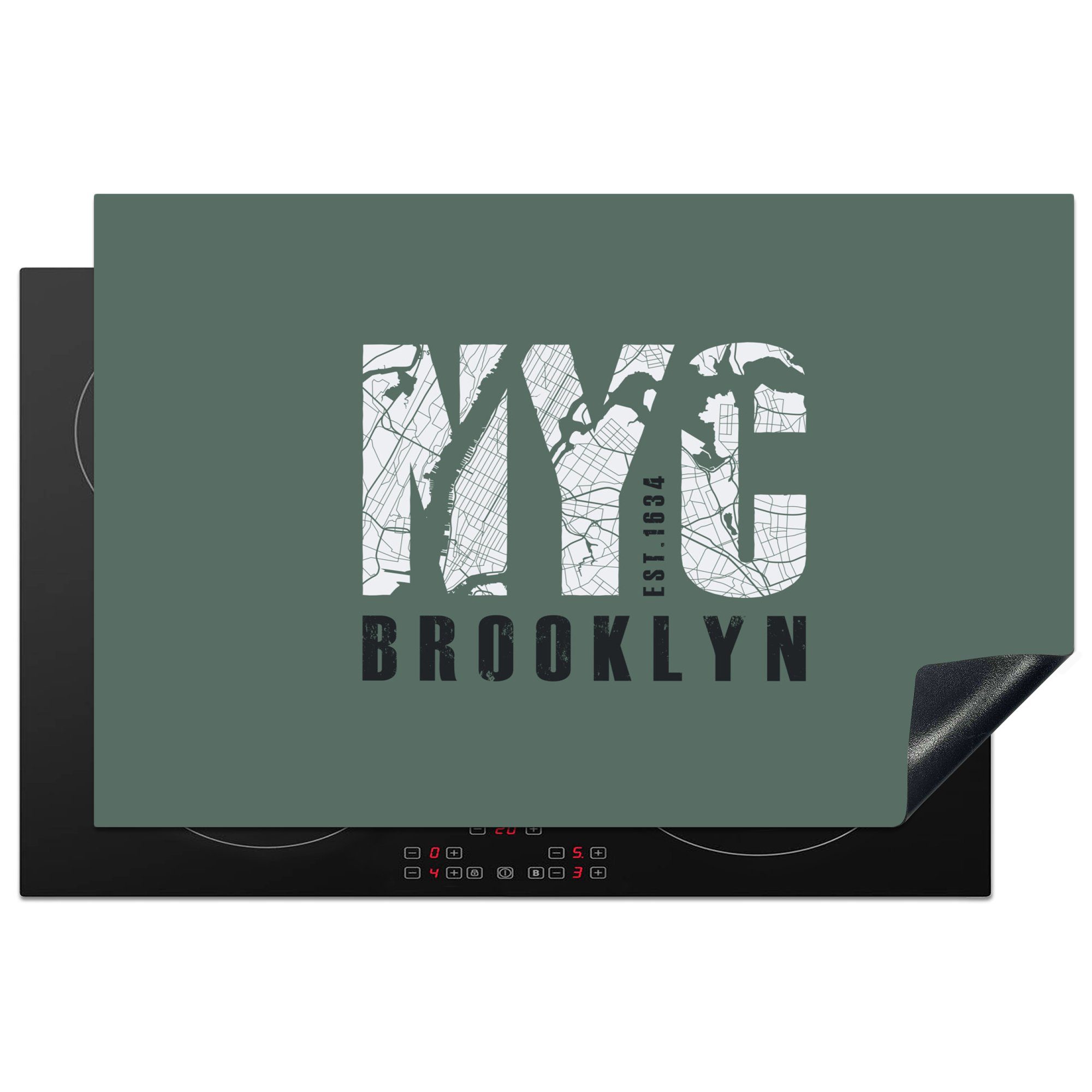 MuchoWow Herdblende-/Abdeckplatte New York - Brooklyn - Grün, Vinyl, (1 tlg), 81x52 cm, Induktionskochfeld Schutz für die küche, Ceranfeldabdeckung