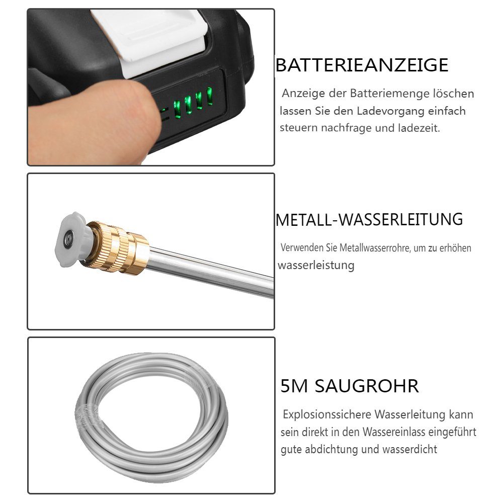 mit 160W Akku Hochdruckreiniger AUDEW 15000 Akku-Hochdruckreiniger, 5m 1 U/min Schlauch 1300mAh,