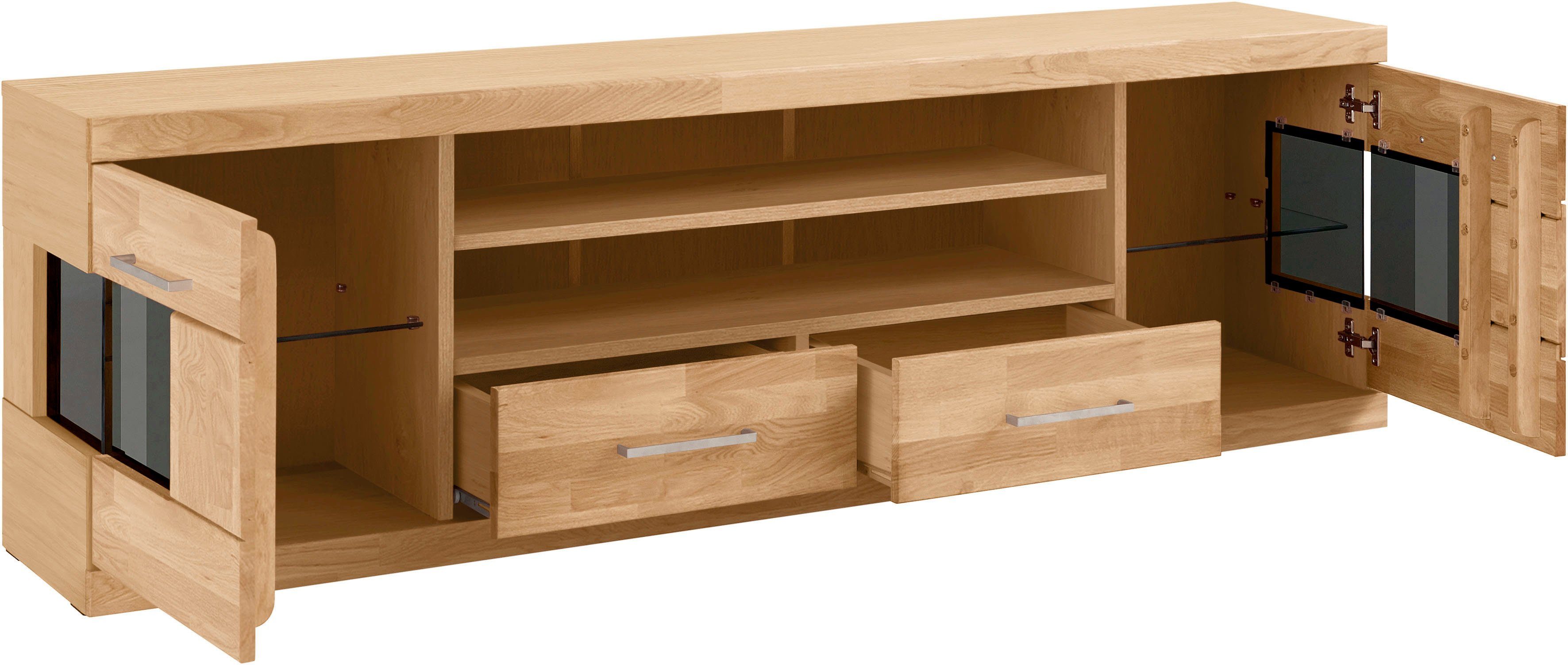 OTTO home Lowboard Ribe,180cm breit, Fronten Massivholz,6 Fächer,Kabeldurchführung, Korpus Holzwerkstoff,Glaseinsatz aus gehärtetem Glas,Böden versetzbar