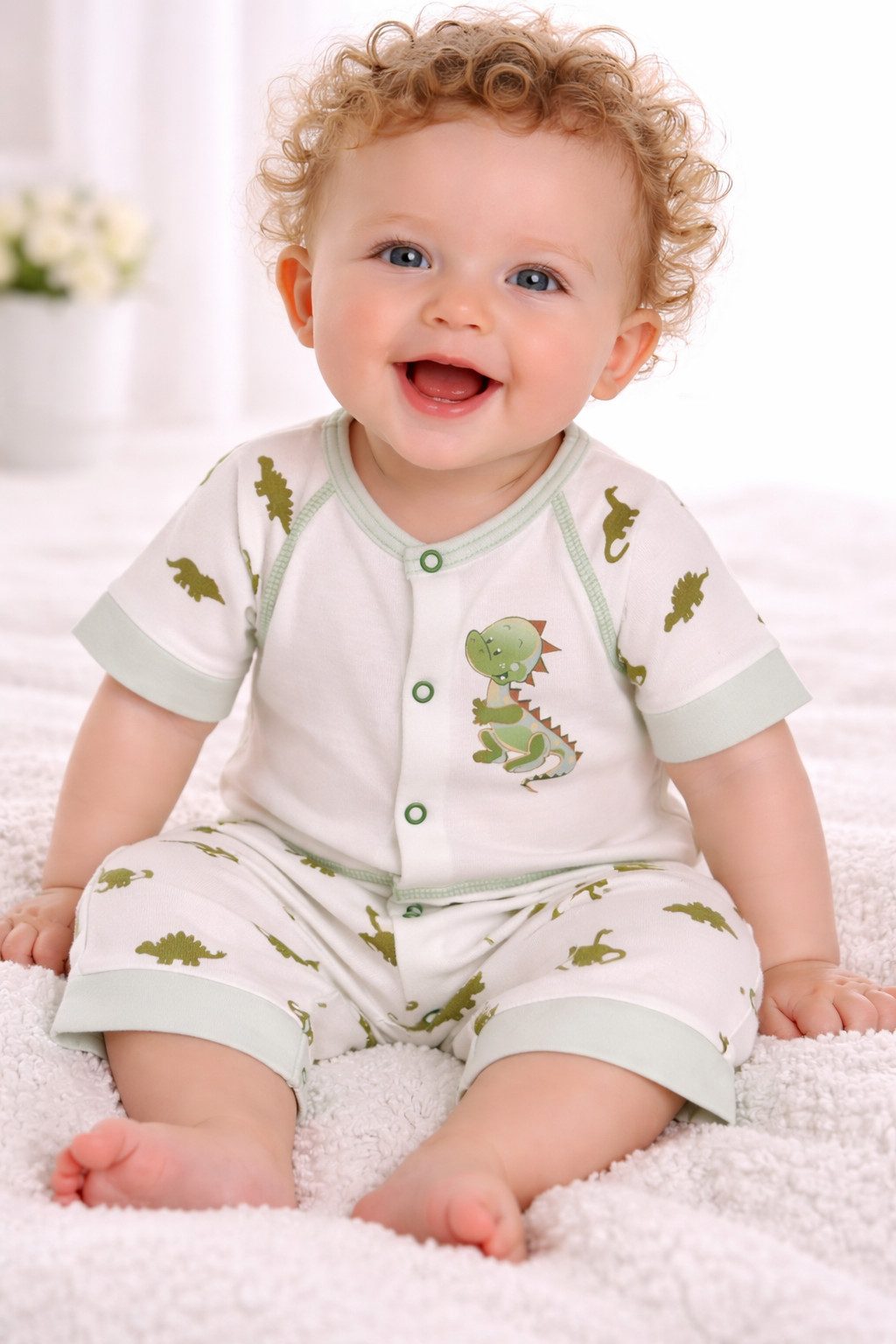 La Bortini Shorty Baby Spieler kurzer Strampler Romper in Creme mit Dino-Aufdruck aus reiner Baumwolle, 44 50 56 62 68 74 80 86