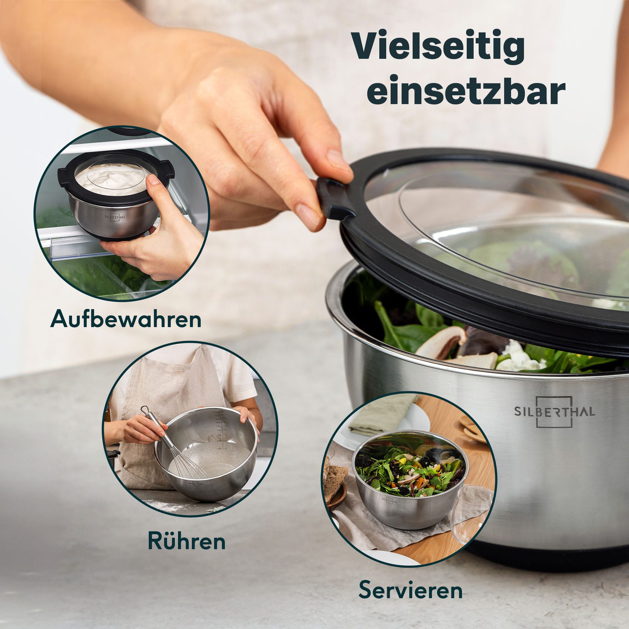 SILBERTHAL Rührschüssel Salatschüssel 20cm, Edelstahl, (1-tlg), Rutschfest dank Silikonboden, mit integrierter Skala – Bild 3 von 5