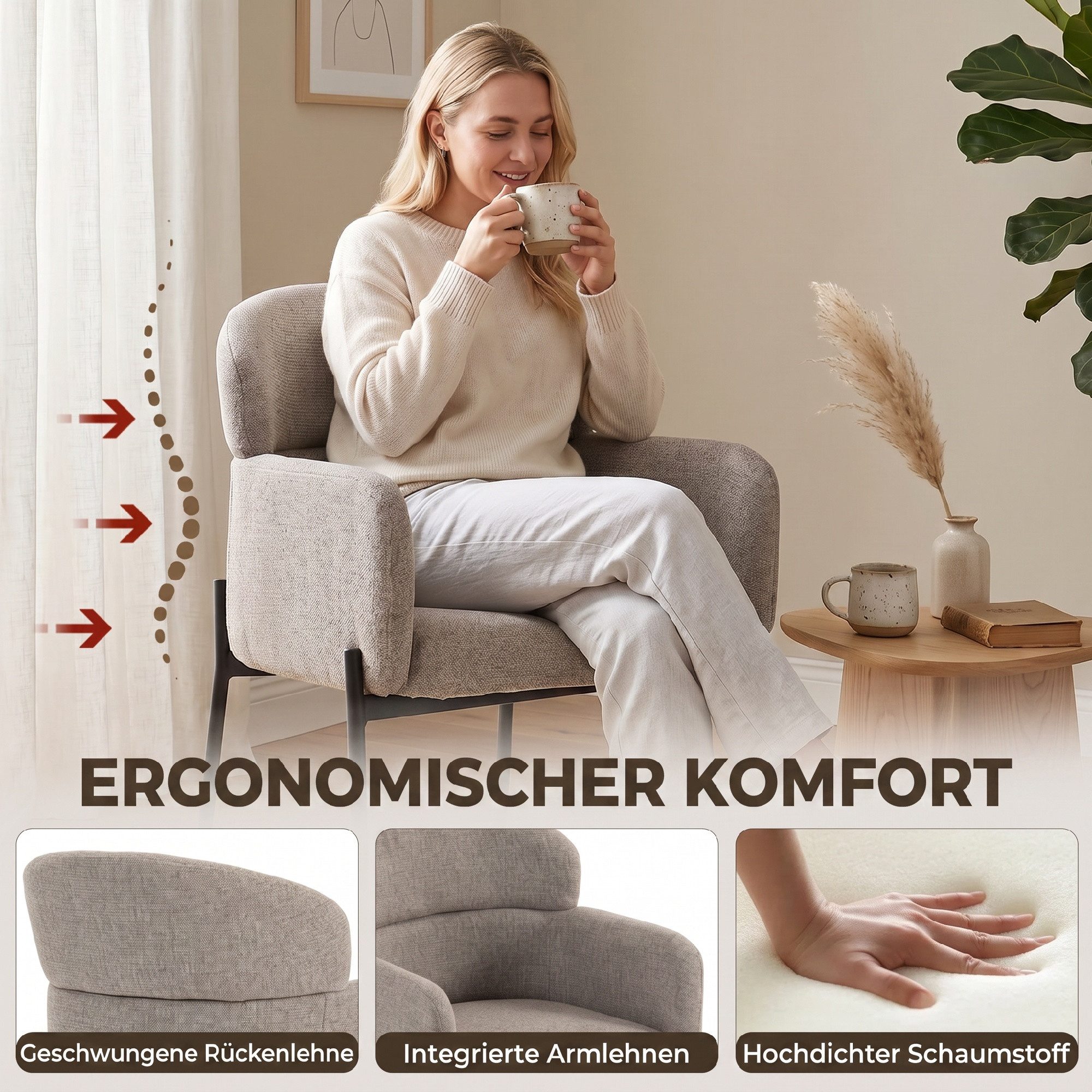 HOMCOM Relaxsessel Sessel Wohnzimmer Loungesessel mit Chenille-Optik (Set, 1-St., Lesesessel), Polsterstuhl für Schlafzimmer, Hellbraun – Bild 4 von 5