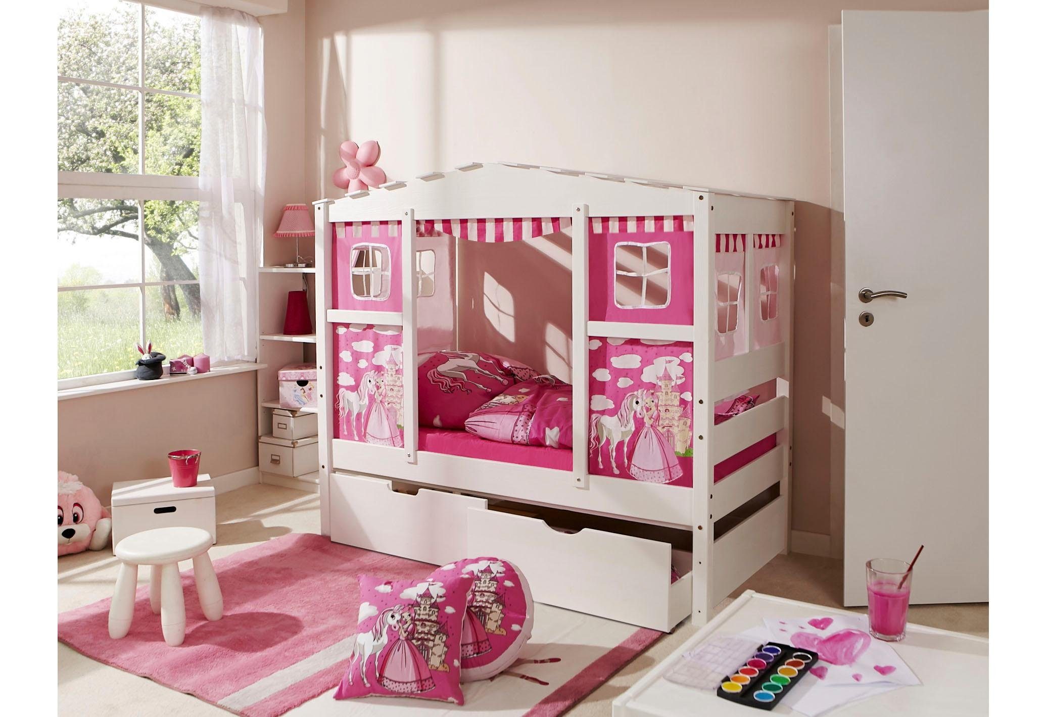 Ticaa Kinderbett Lio, Hausbett bodentief, mit pink Schubkasten Prinzessin