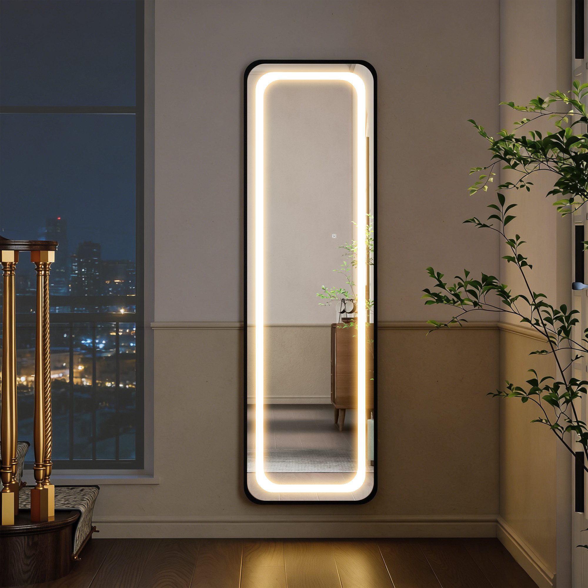 WILGOON Spiegel Ganzkörperspiegel mit LED-Licht 150×45 cm – Stand- oder Wandmontage (Eckiger Spiegel mit Stufenlos dimmbarer Beleuchtung, 3 Lichtfarben & Touch-Schalter für Schminken und Ankleiden), Schlanker Aluminiumrahmen, Schwarz – für Schlafzimmer & Flur