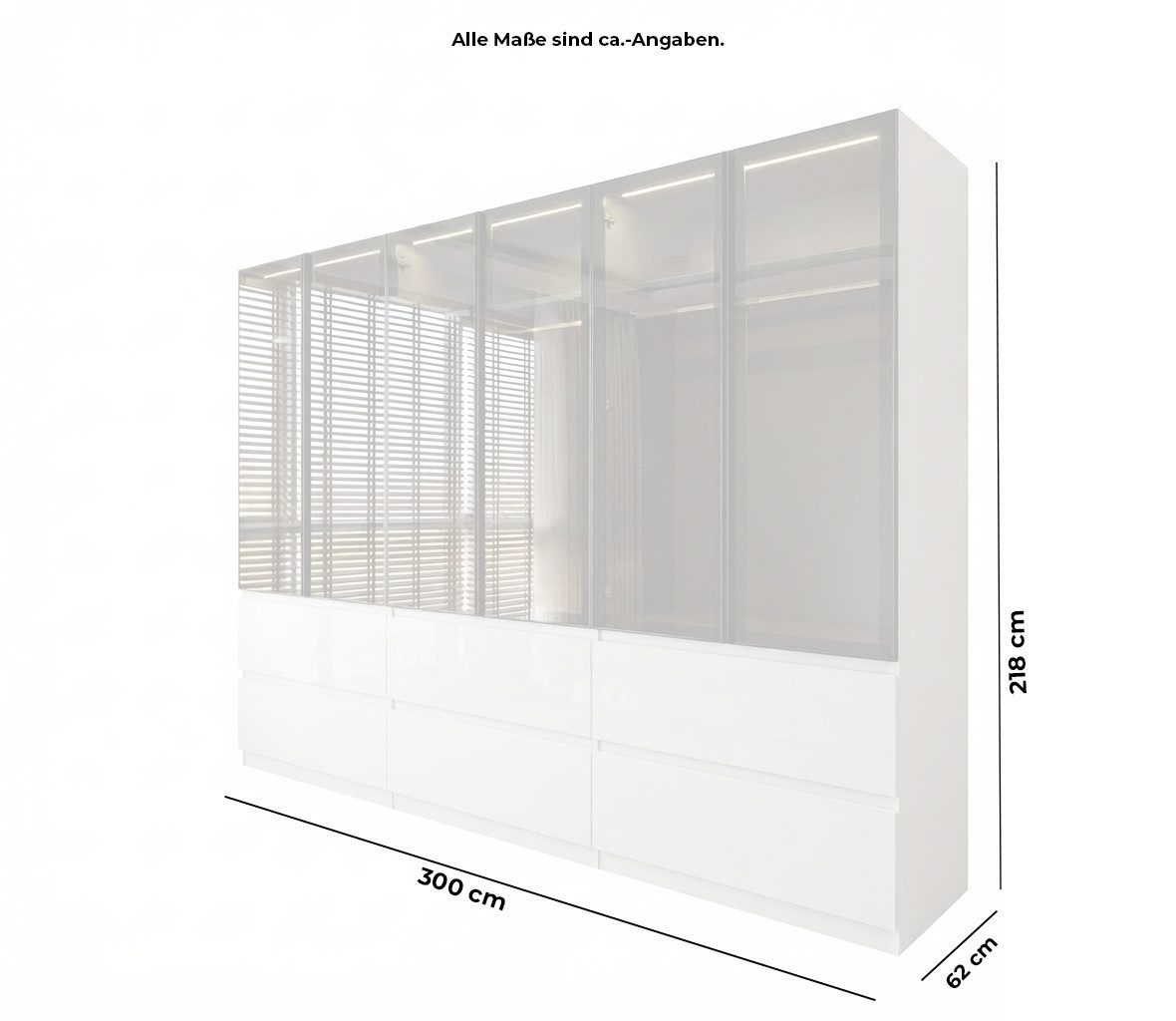 Palms-Store Kleiderschrank Sansibar mit Glastüren, 6 Schubkasten inkl. Beleuchtung Breite: 300cm, Höhe: 218cm, Tiefe: 62cm