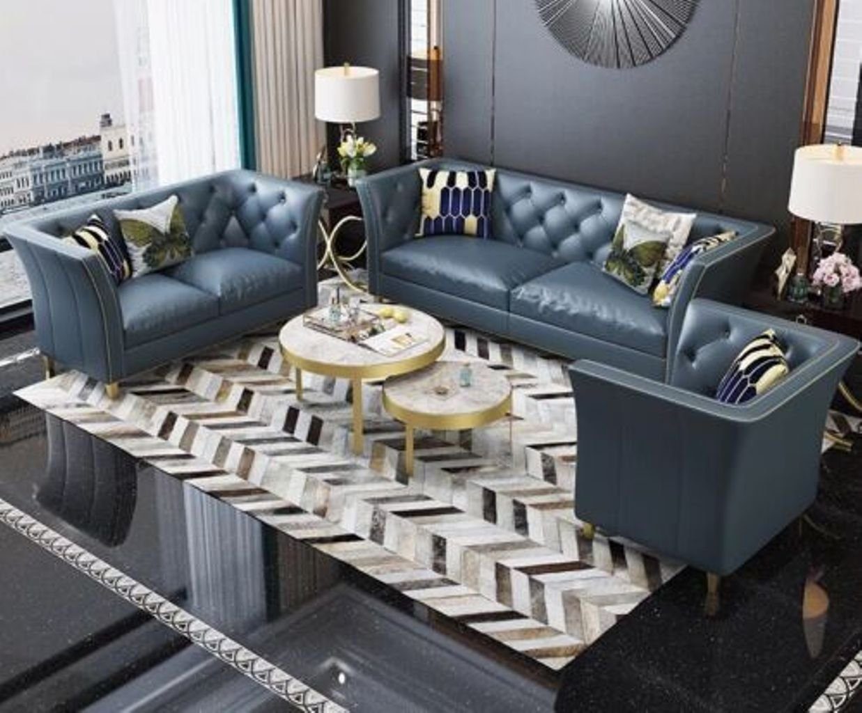 JVmoebel Wohnzimmer-Set, Design 3+2 Chesterfield Garnitur Couch Polster Leder Möbel Sofa