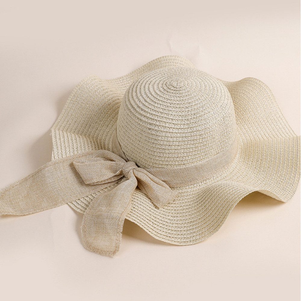 Zaewry Strohhut Damen faltbar Sonnenhut Sommerhut Strandhut Straw hat Einheitgröße wellenförmiger Rand