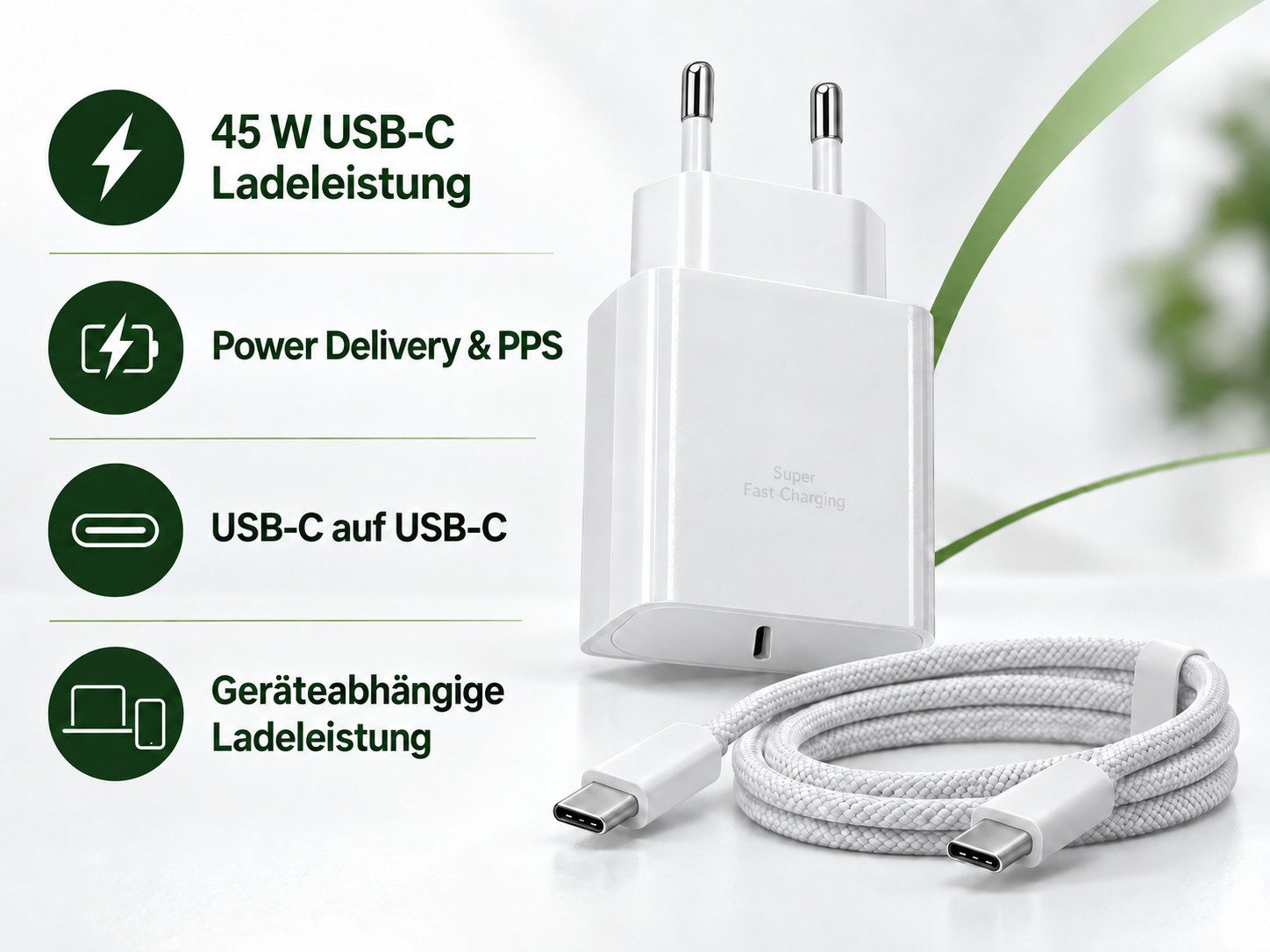 Ventarent 45W USB-C Ladeset mit Gewebekabel für Samsung Galaxy Smartphone-Ladegerät (3000 mA, Set, 2-tlg., mit USB-C-auf-USB-C-Gewebekabel, 45 W, Power Delivery – Bild 3 von 5