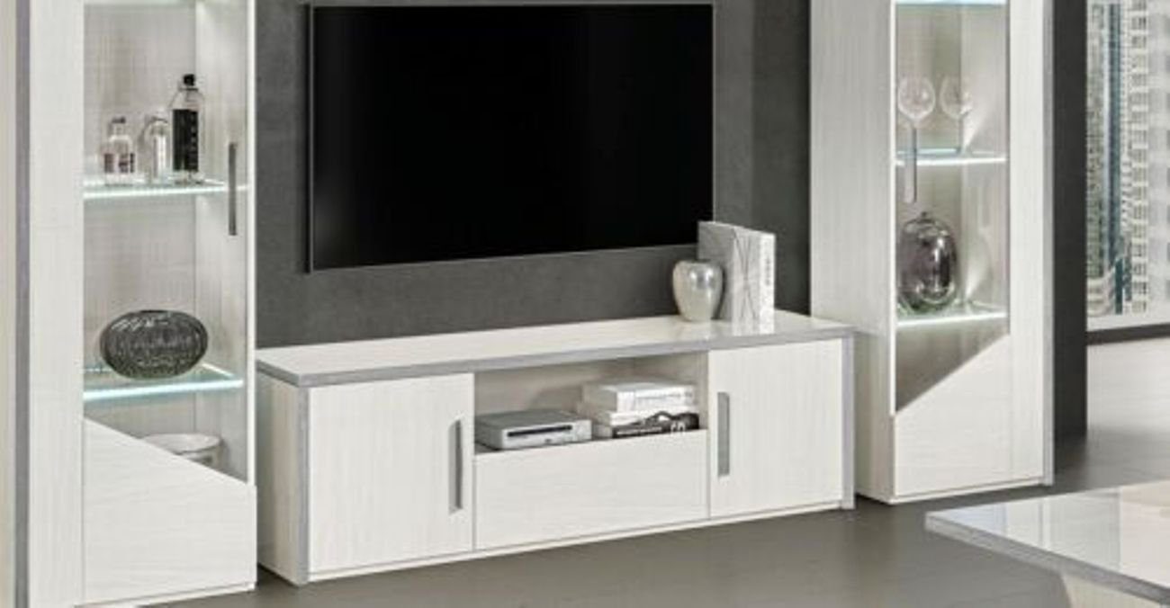 Wohnwand Holz Vitrine in Weiß mit modernem Design
