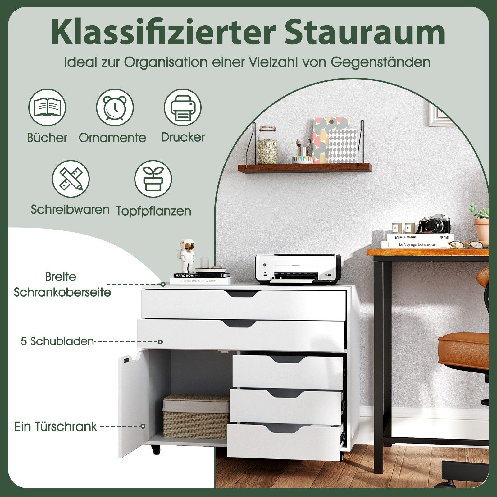 COSTWAY Rollcontainer, mit 5 Schubladen, Büroschrank mit Rollen, weiß