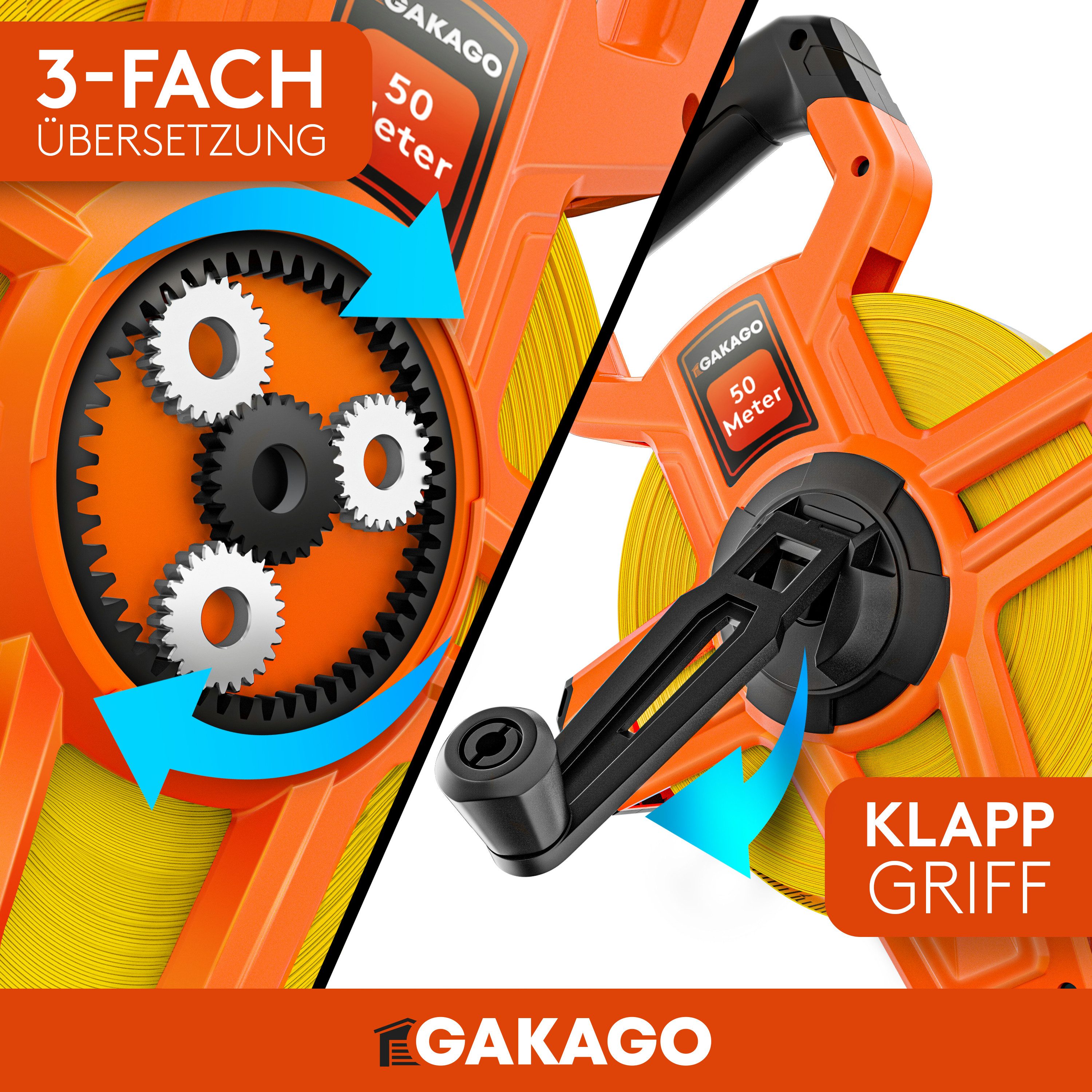 Gakago Rollbandmaß, 50m - 3-fach übersetztes Bandmaß mit ergonomischem Haltegriff