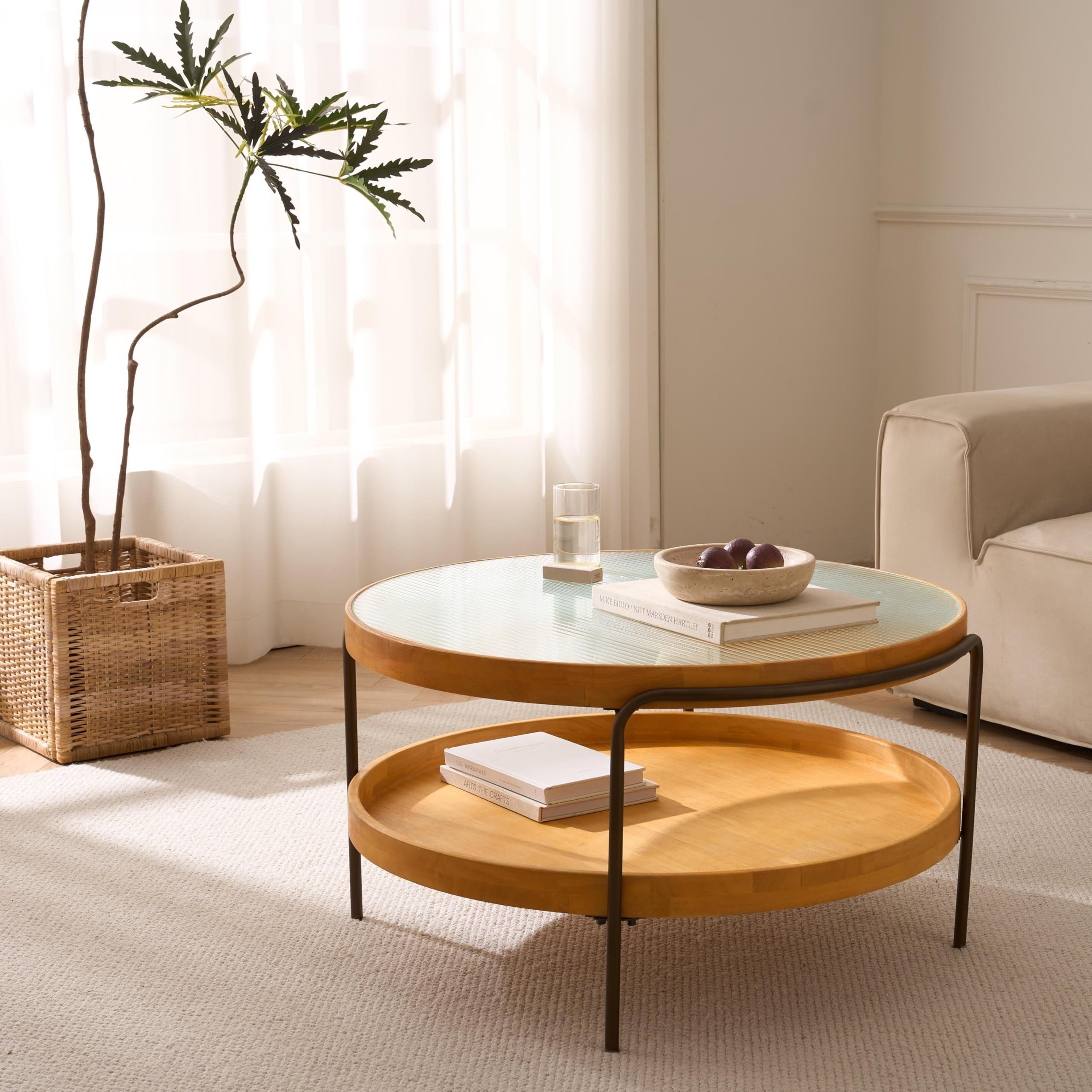 Cagnolier Couchtisch Rund 2-Tier Wohnzimmertisch mit Stauraum (1-St), Runder Tisch aus Holz mit Glas & Metallgestell, Ø76x45cm