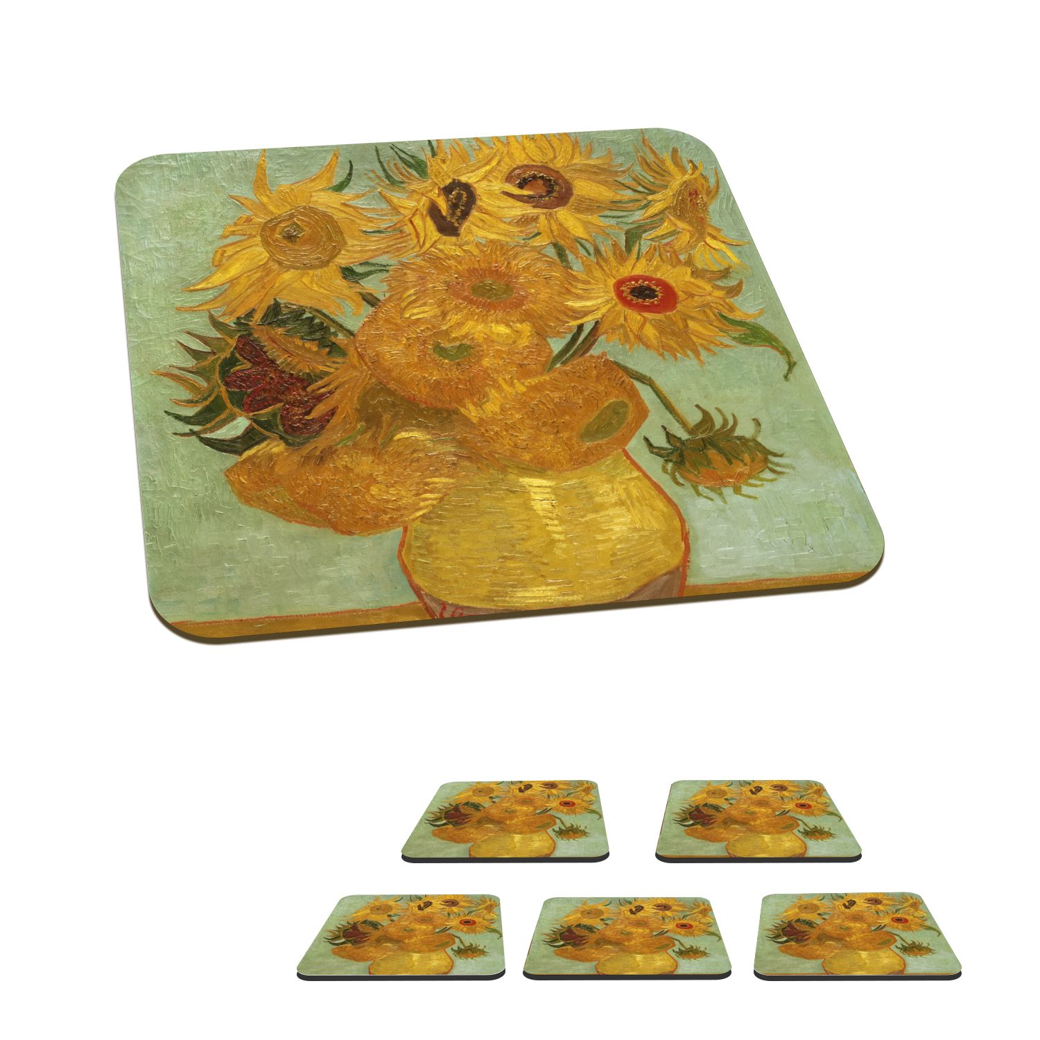 MuchoWow Glasuntersetzer Sonnenblumen - Gemälde von Vincent van Gogh, Zubehör für Gläser, 6-tlg., Glasuntersetzer, Tischuntersetzer, Korkuntersetzer, Untersetzer, Tasse