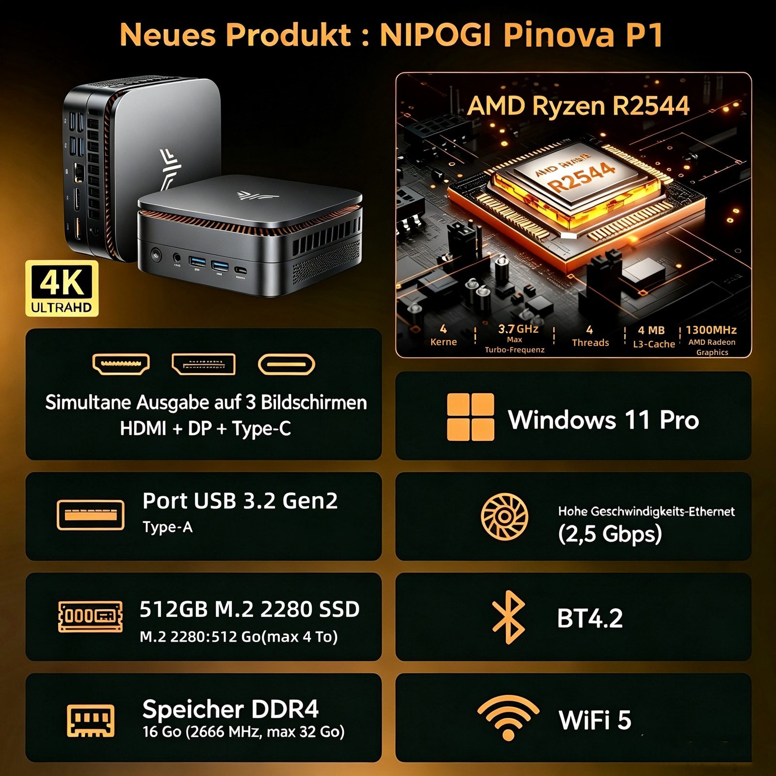 NiPoGi P1 Windows 11 pro, 8/16 GB RAM, 256 GB SSD, AMD Ryzen Embedded R2544 Mini-PC (AMD Ryzen Embedded R2544, AMD Radeon Graphics, 16 GB RAM, 256 GB SSD, AMD Radeon Graphics, Windows 11 Pro,WIFI 5,Bluetooth 4.2,Ethernet)