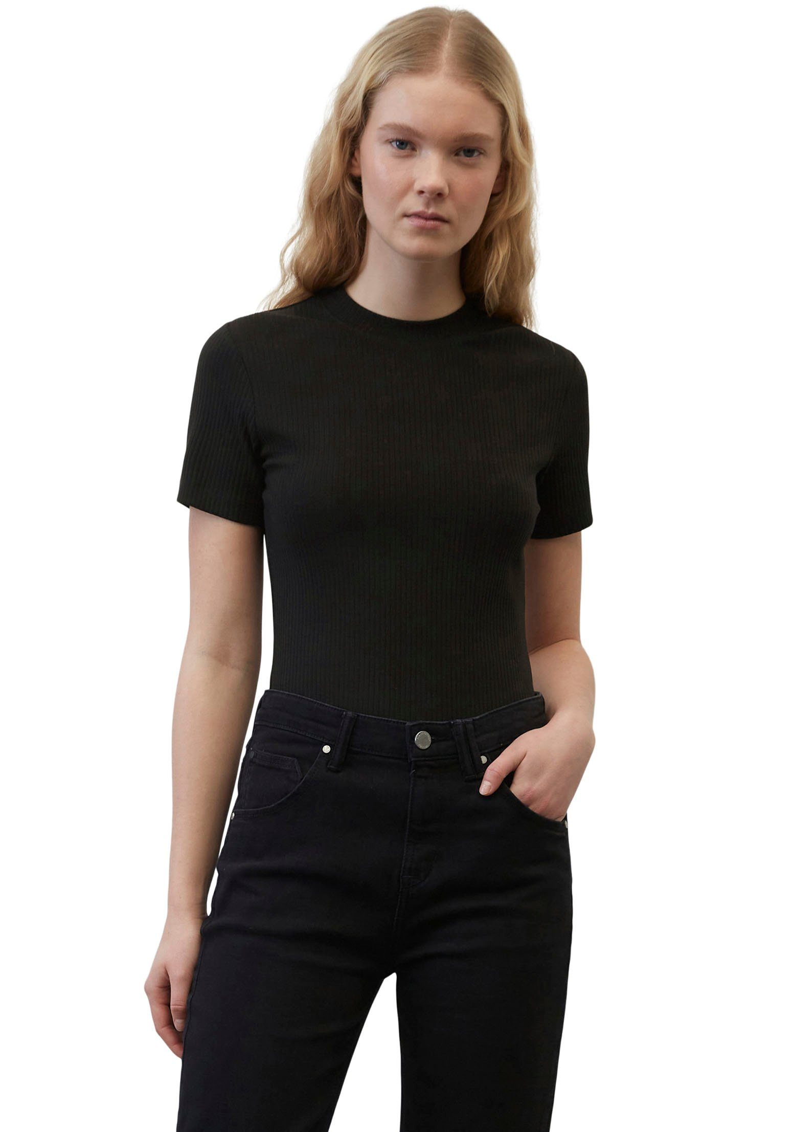 Geschäfte mit regulären Produkten Marc O'Polo DENIM Kurzarmshirt im formschöner schwarz Ripp-Ware