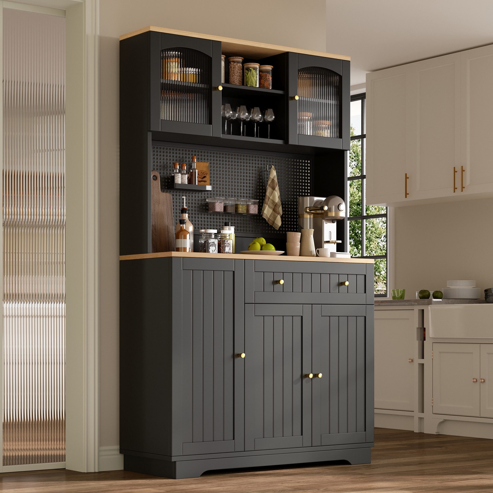 STILVORA Highboard Vitrine mit verstellbaren Einlegeböden Küchenschrank mit Lochblech (Aufbewahrungsschrank mit Vitrinentüren, Schublade, Lochwand, 6 Fächer, verstellbare Böden, 103.5×40×180cm), für Wohnzimmer, Flur und Schlafzimmer