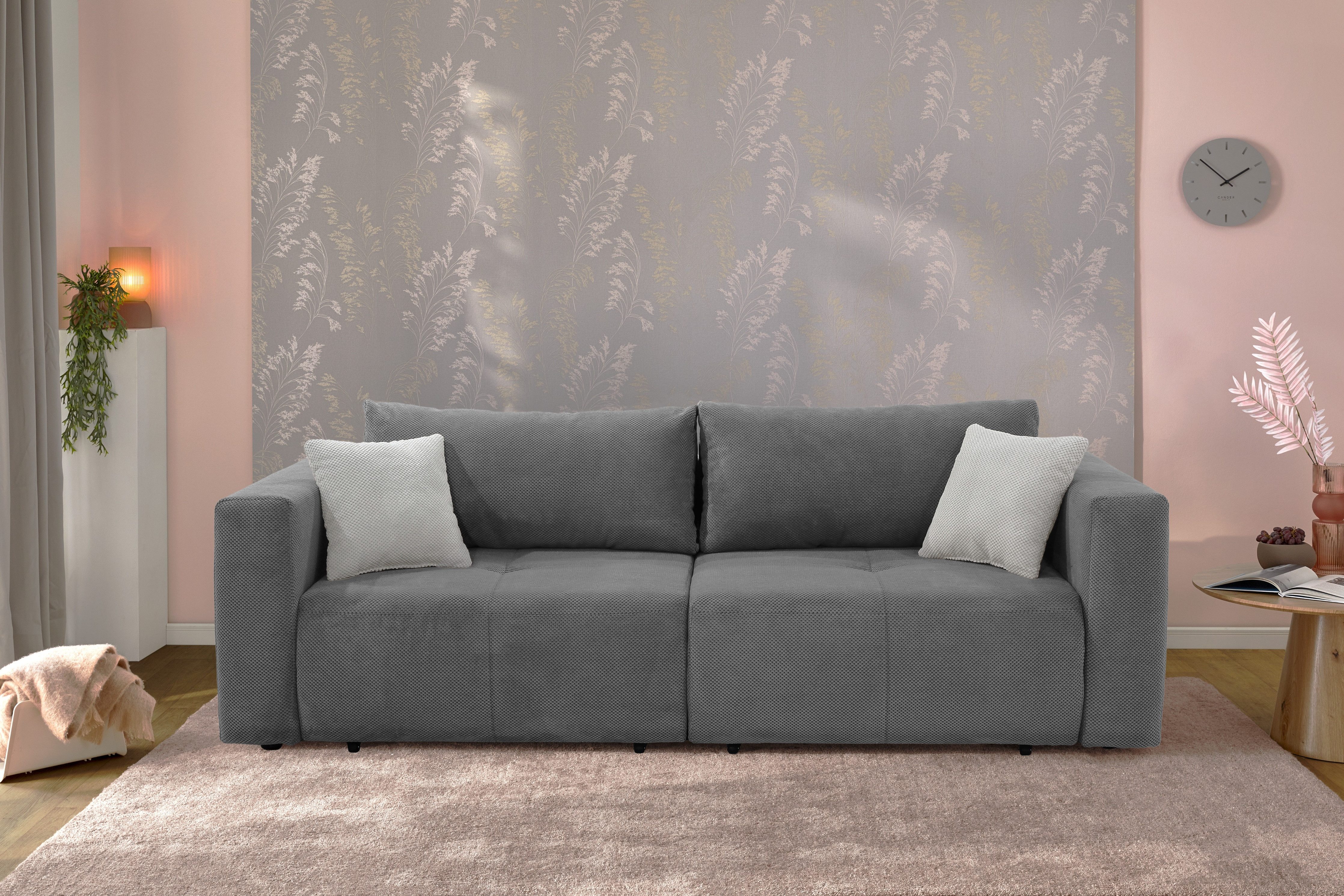 luma-home Schlafsofa 15241, Verwandlungssofa: vom Big-Sofa zur Eckcouch, B243/T115-161/H84 cm, Gästebett mit 2 Bettkästen, Waffelcord-Bezug in Grau