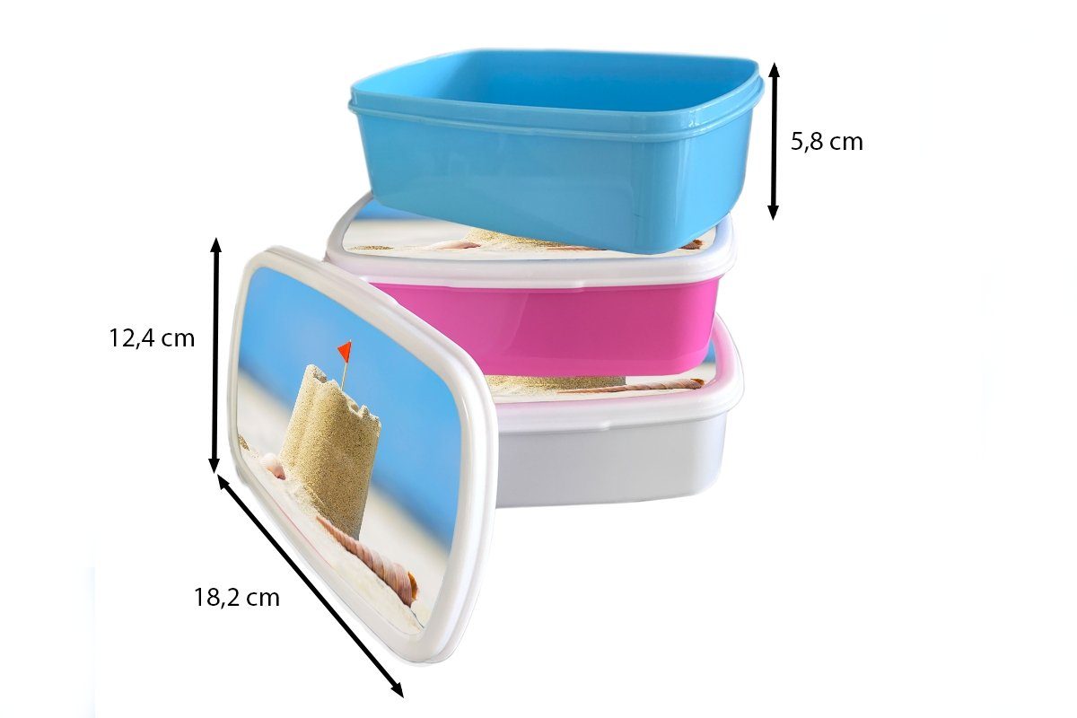 MuchoWow Lunchbox Sandburg - Strand Erwachsene, Brotdose Sommer, Muscheln Mädchen, Kunststoff, Kunststoff - Kinder, Snackbox, Brotbox (2-tlg), rosa für 