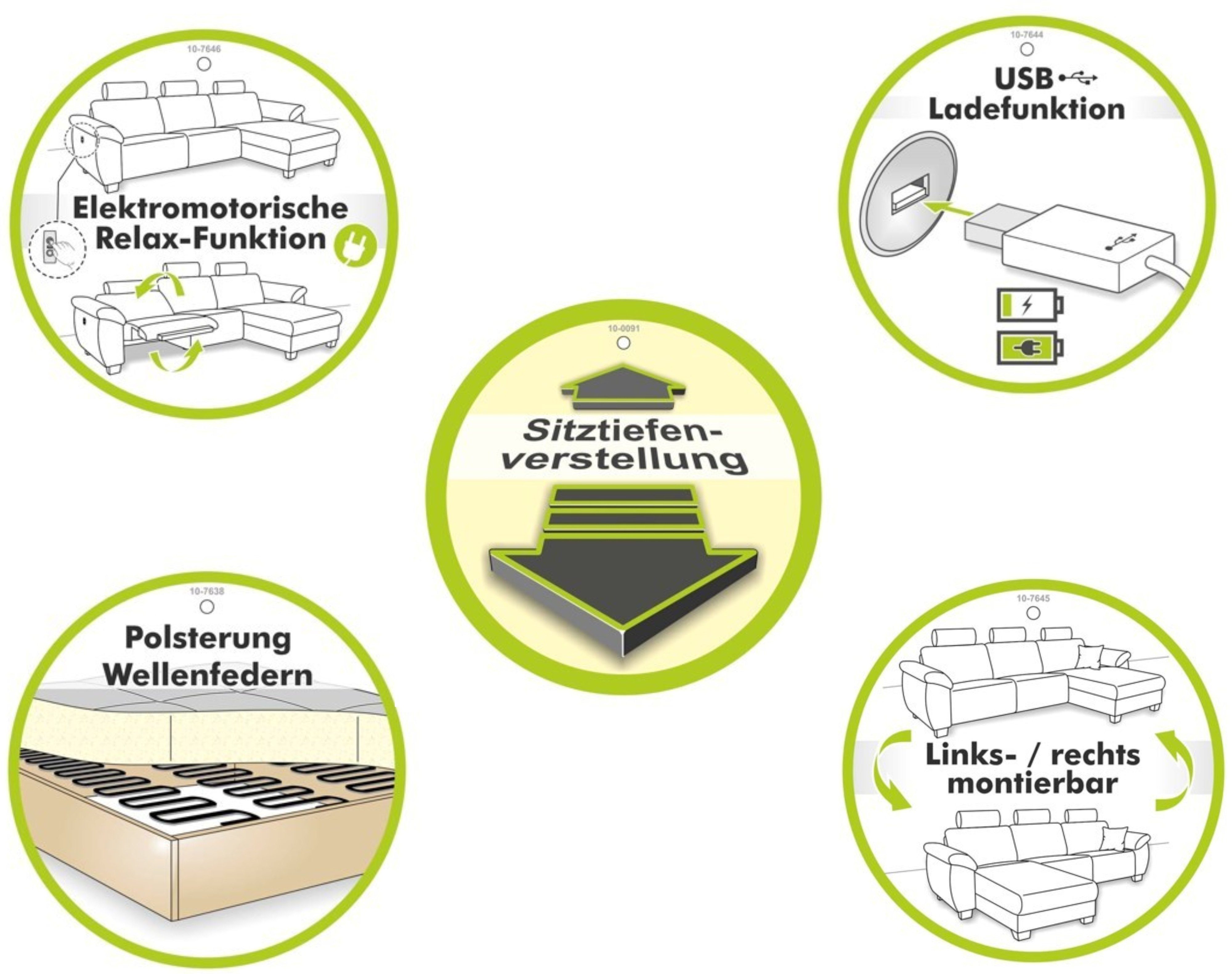 luma-home Ecksofa 15401, mit elektrischer Sitztiefenverstellung und höhenverstellbaren Kopfstützen B277/H187/T109 cm, USB-A und USB-C Ladeport, seitenverkehrt montierbar, Cord Braun Taupe