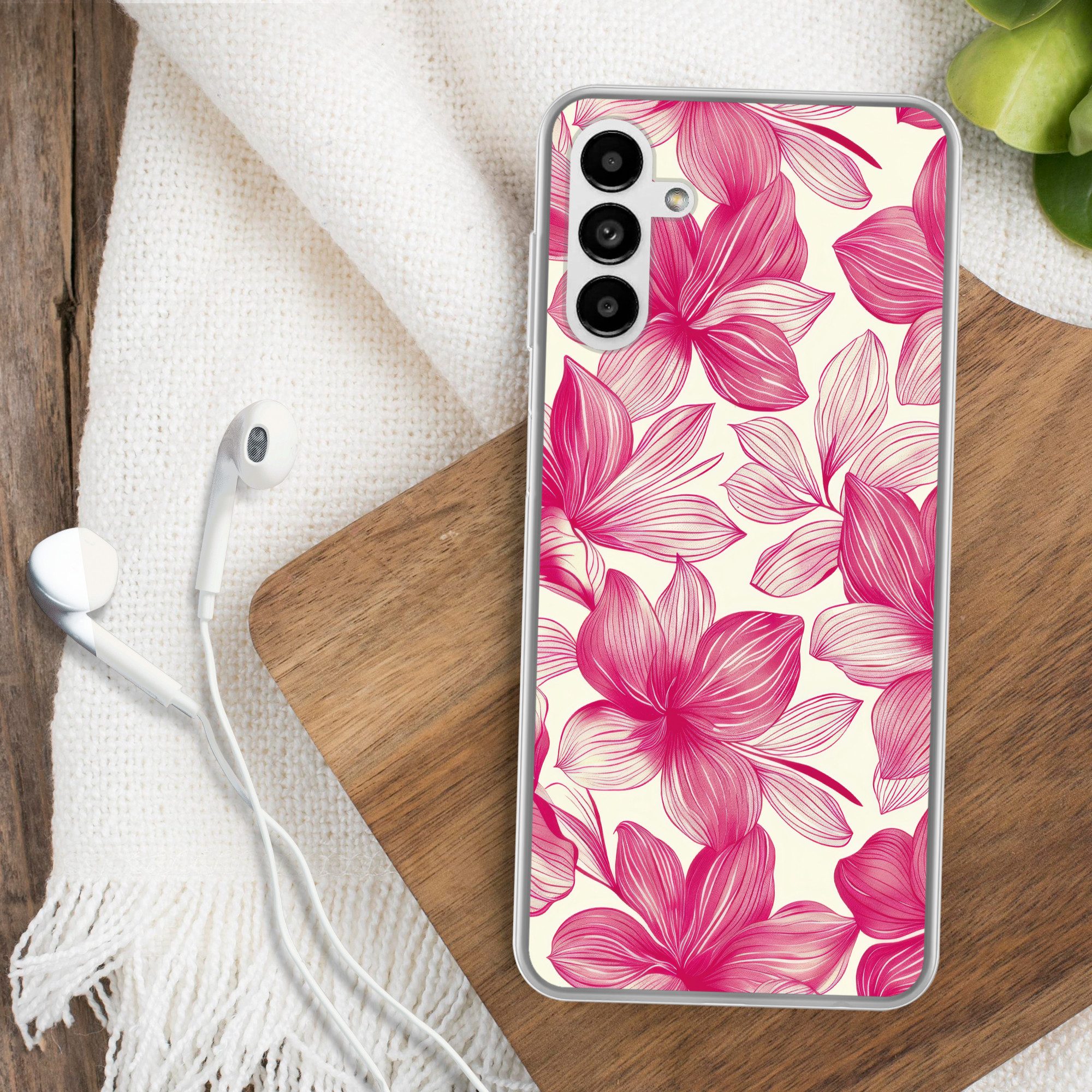 MuchoWow Handyhülle für Samsung Galaxy A04s Blumen - Muster - Rosa - Weiß, Handy Case, Silikon, Bumper Case Dünn