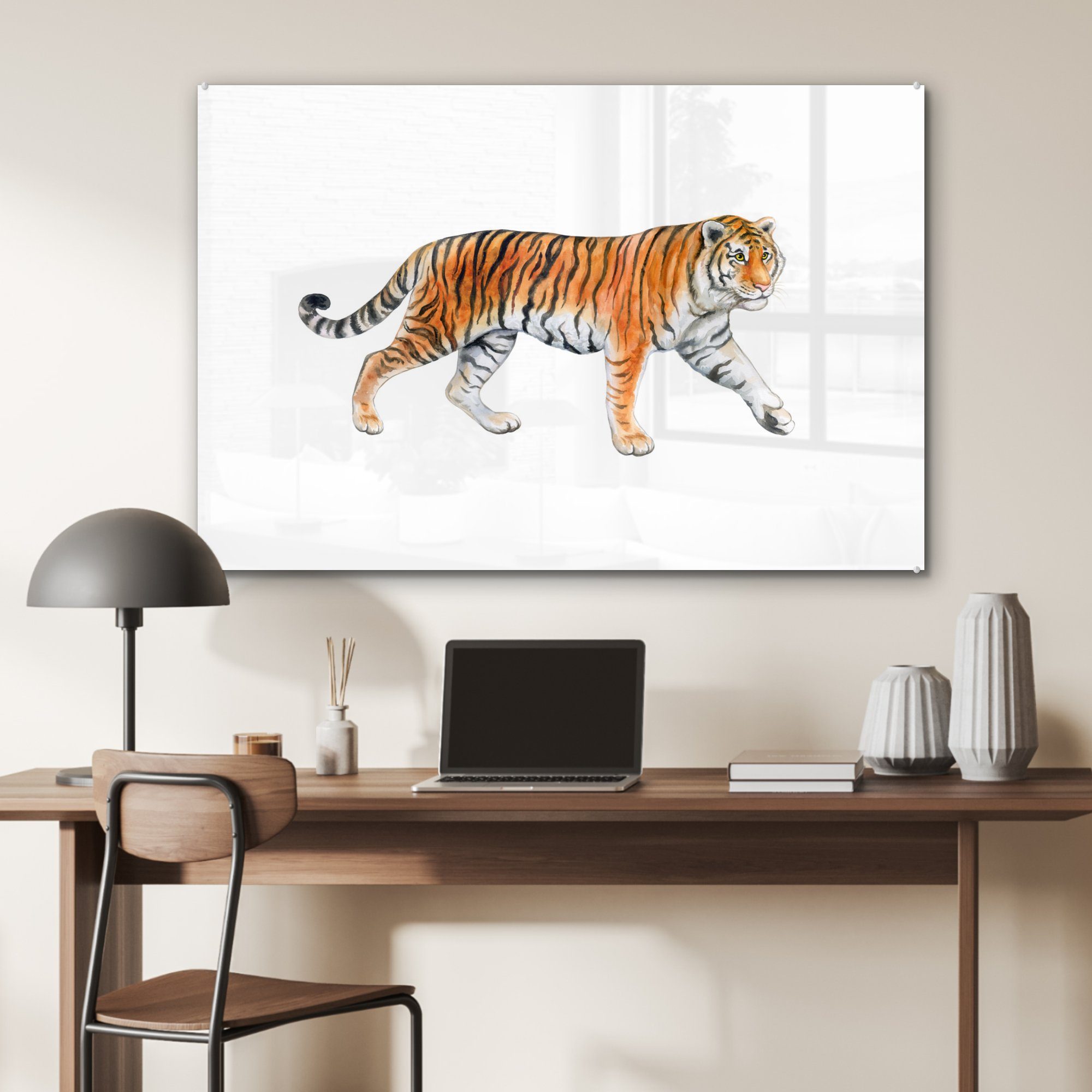 (1 Acrylglasbild Weiß, - Wohnzimmer Orange - Tiger & Schlafzimmer Acrylglasbilder St), MuchoWow