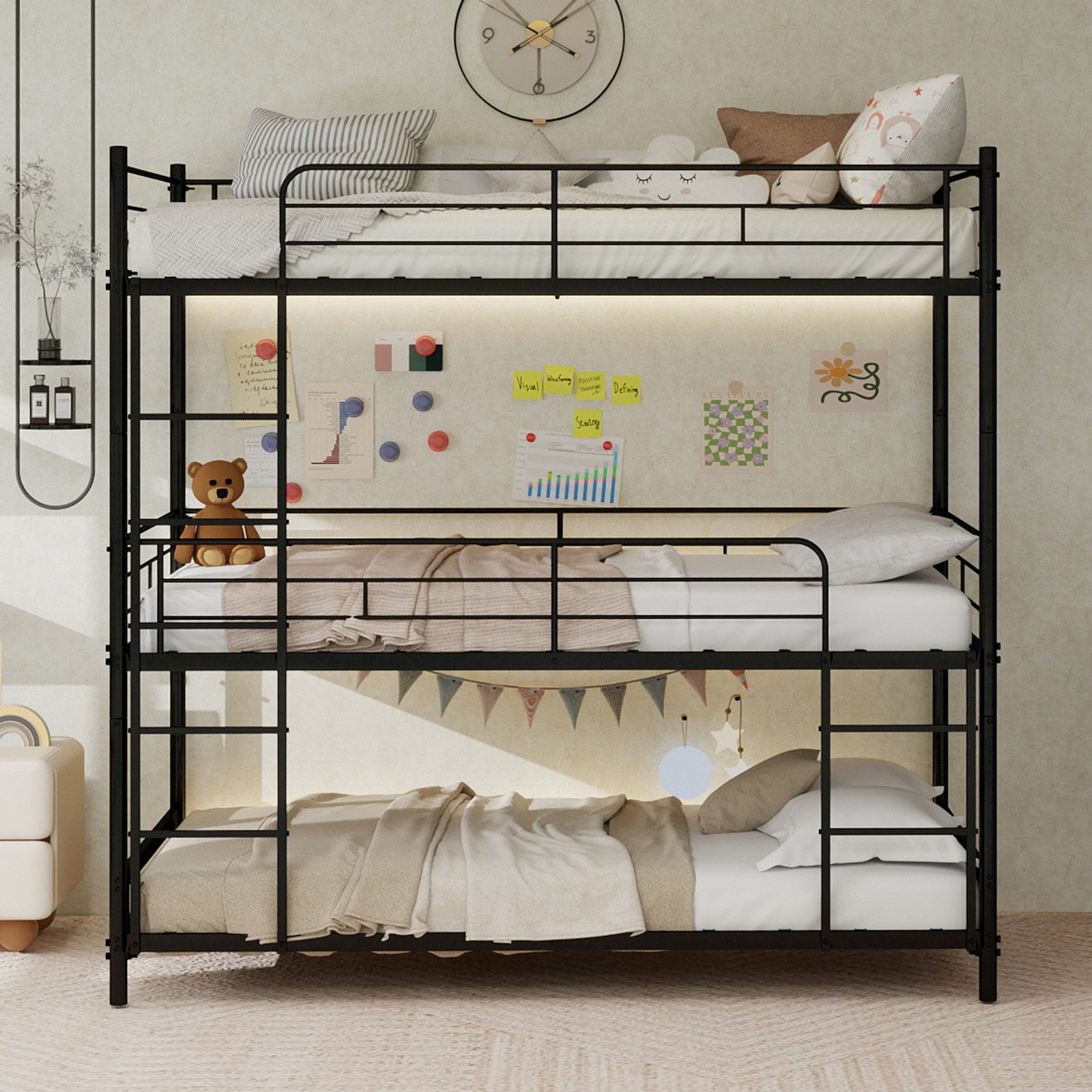 ANYSUN Etagenbett Schweres Dreifach-Rahmenbett,Kinderbett Metallbett (Dreierbett 90x200cm mit eingebauter Leiter und durchgehendem Geländer), bodensicher für Ki – Bild 2 von 5