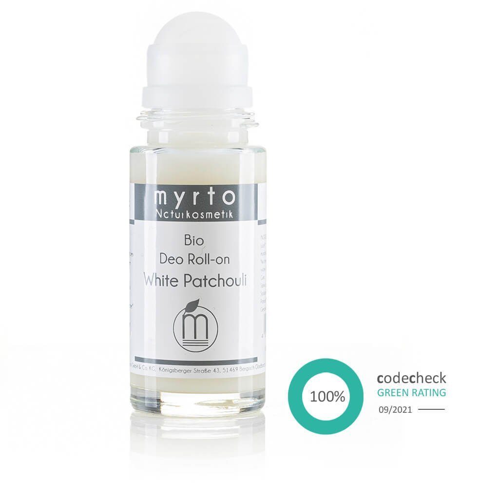 myrto Naturkosmetik Körperpflegemittel Bio Deo Roll-on White Patchouli ohne Aluminium und Alkohol, für empfindliche Haut, hemmt Geruchsbildung, ohne Aluminium & Alkohol