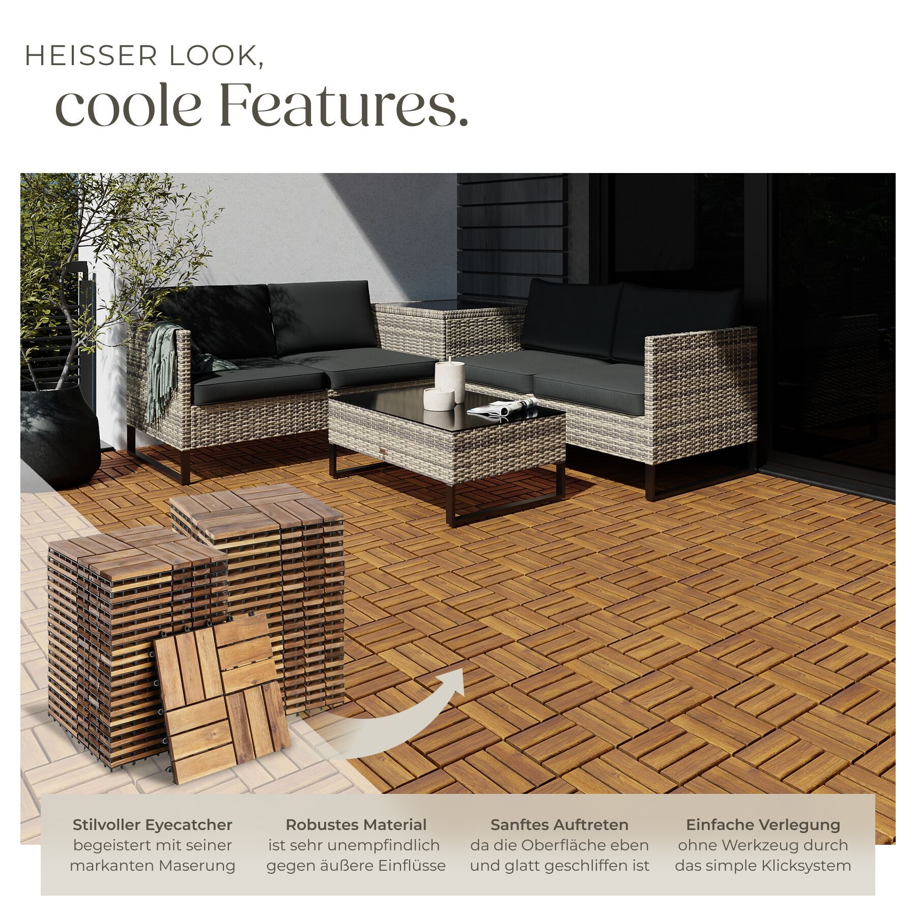 tectake Terrassendielen Terrassenfliesen 40er Set mit Klicksystem, 31 x 31 x 2,2 cm, 3,844 m², BxL: je 31,00x31,00 cm, (Terrassenplatten Außenbereich Tabula, 40 – Bild 3 von 5