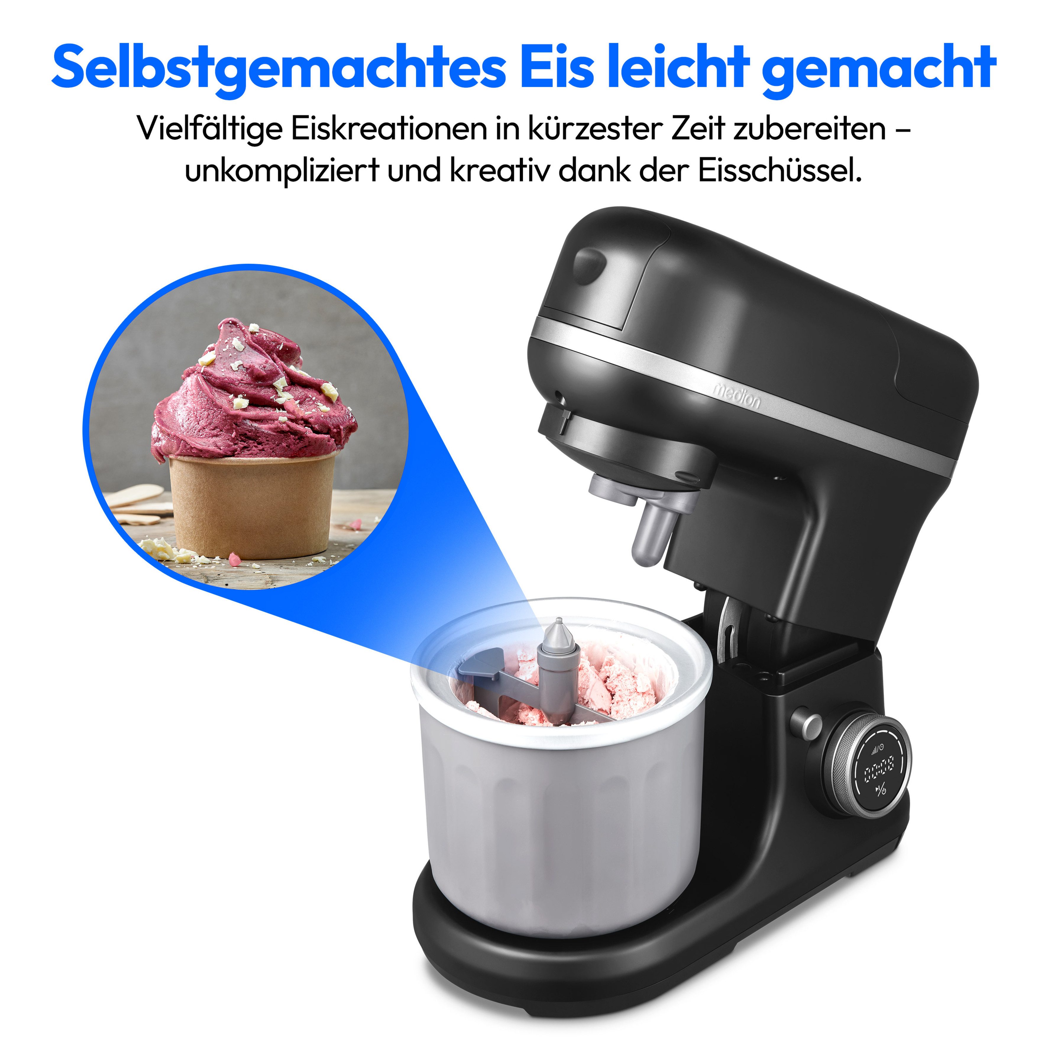Medion® Küchenmaschine MD 18442 8 Geschwindigkeitsstufen, schwarz, 1200 W, 5 l Schüssel, Umfangreiches Zubehör-Set inkl. Eisschüssel für Speiseeiszubereitung – Bild 3 von 5