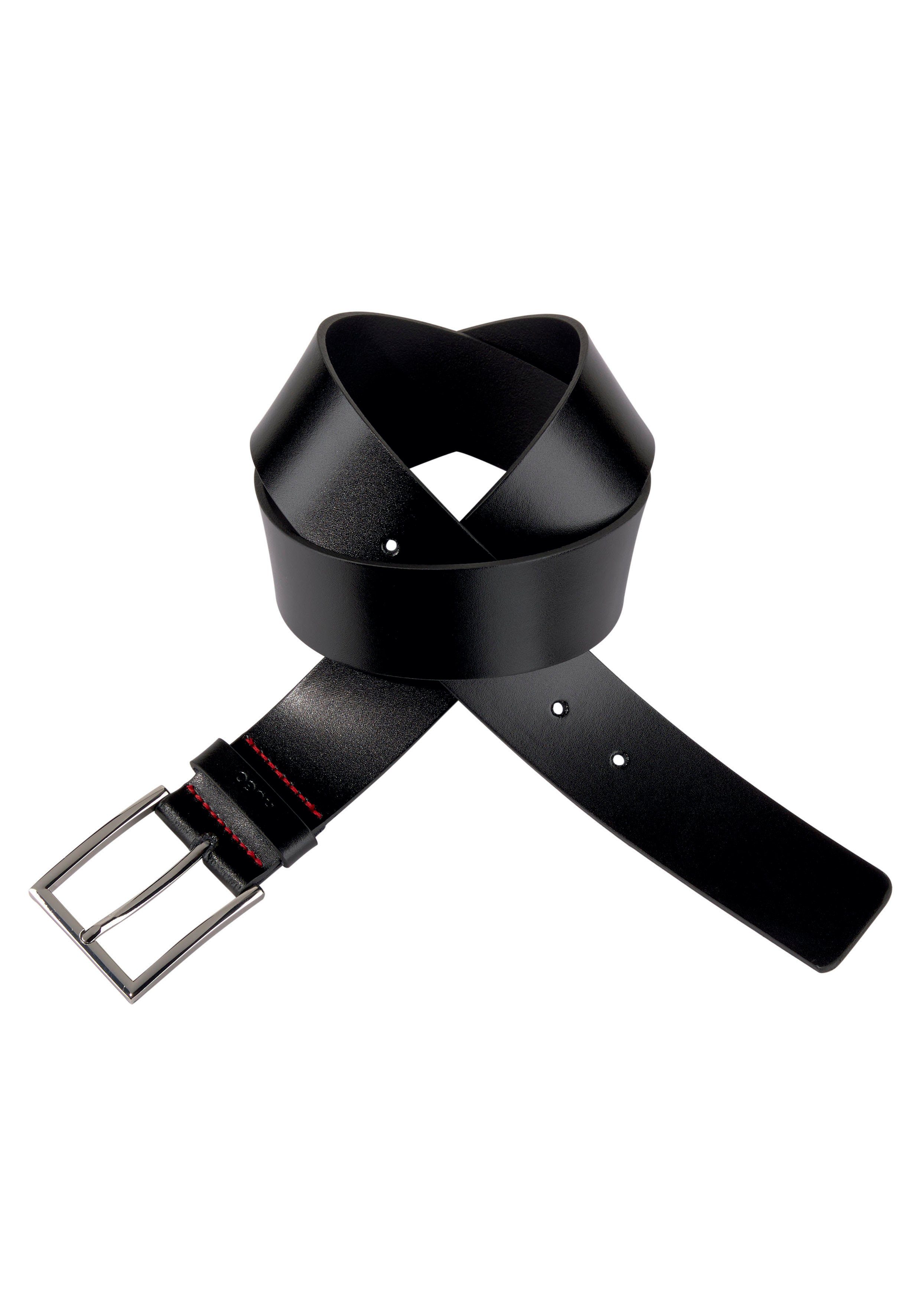 Schlaufe der Ledergürtel HUGO auf roter Giaspo und Logo-Prägung Naht schwarz mit