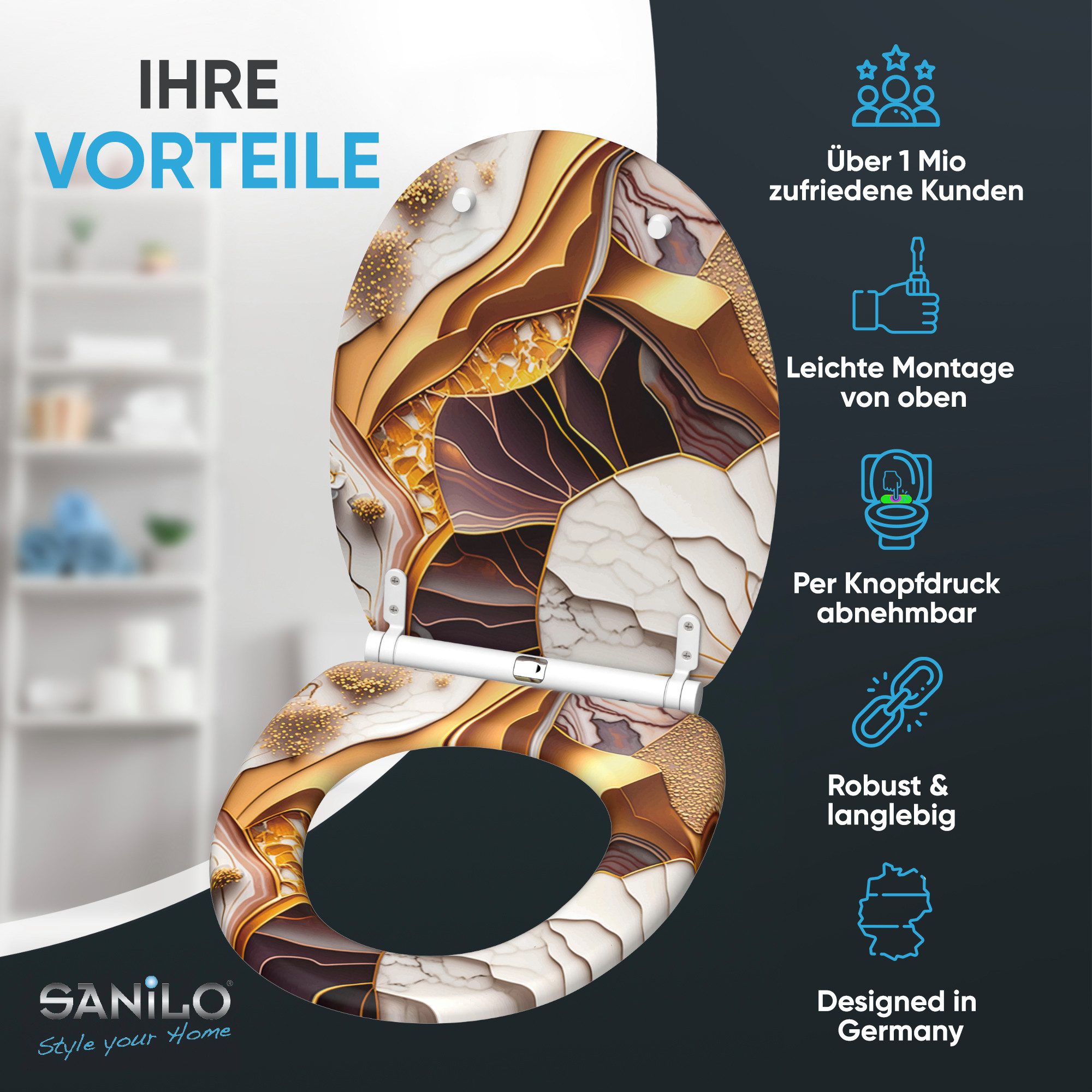 Sanilo WC-Sitz Marmor Gold mit Absenkautomatik & Quick Release, Premium Toilettendeckel, abnehmbar, leichte Montage von oben