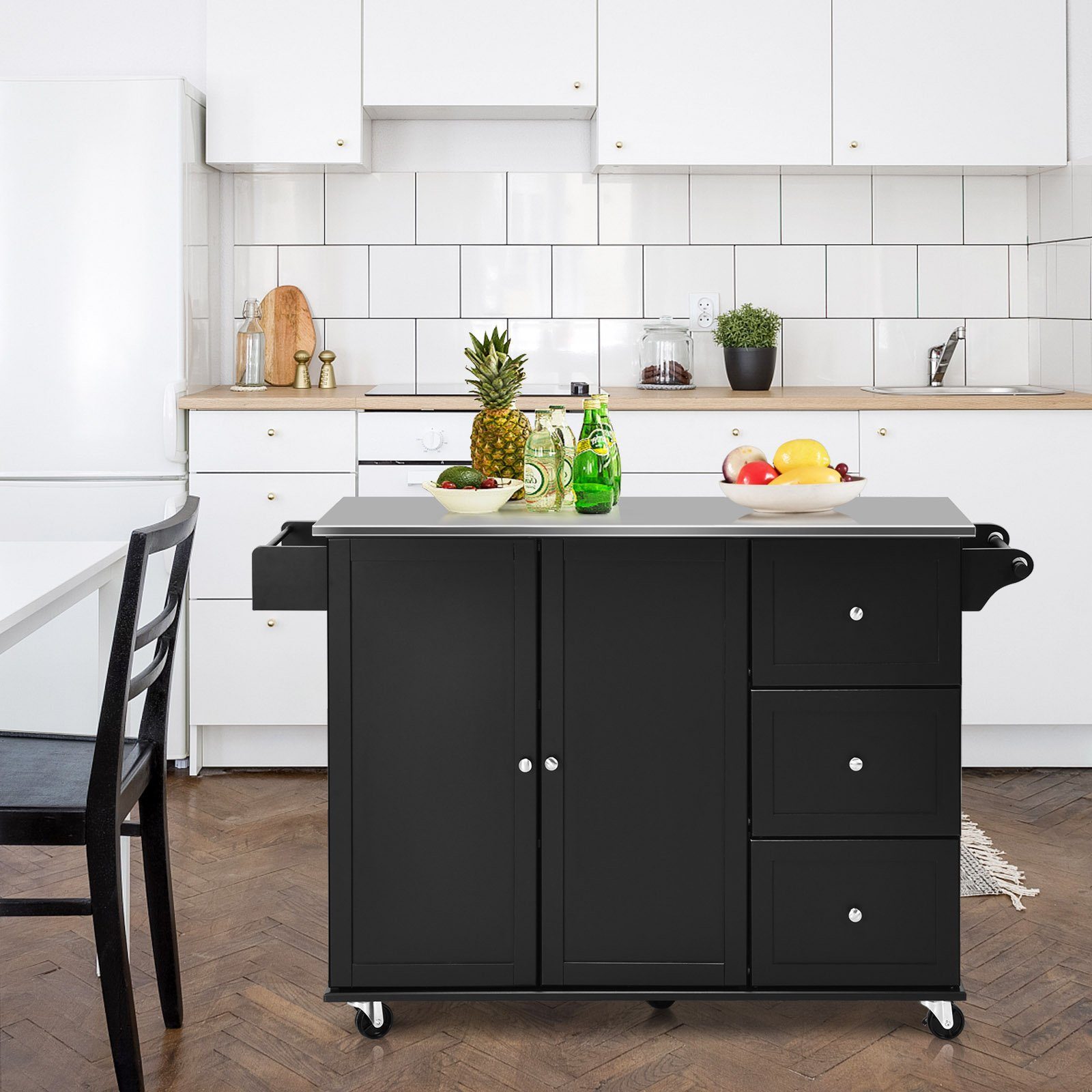 COSTWAY & 3 silber Küchenwagen, Schubladen, mit verstellbarer Arbeitsplatte schwarz, Ablage