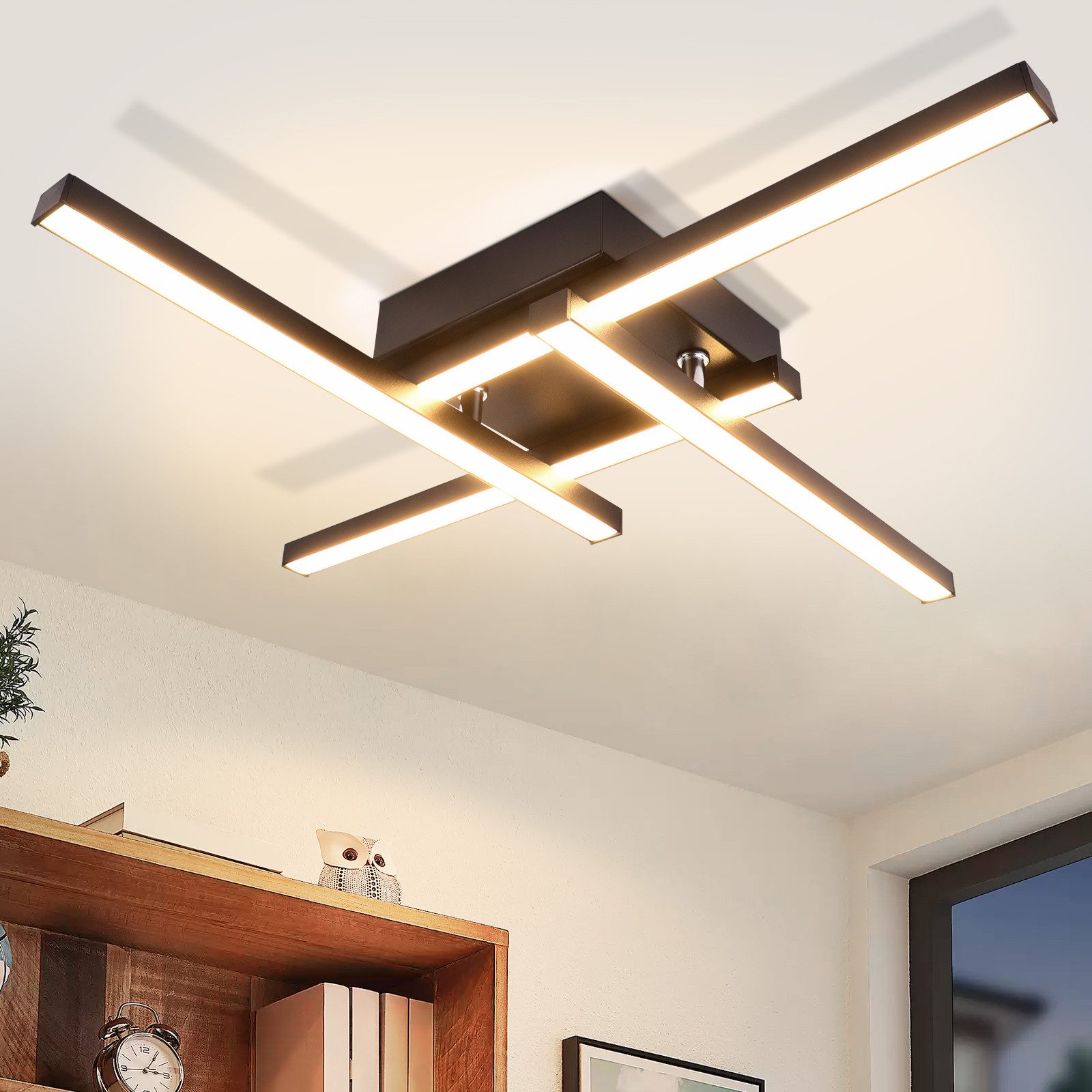 Nettlife LED Deckenleuchte Flur Wohnzimmer Schwarz modern Kristall Deckenlampe 12/24W, LED fest integriert, Warmweiß, Kristalle 24W 45.5*45.5*6.8cm für Wohnzimmer Flur Schlafzimmer