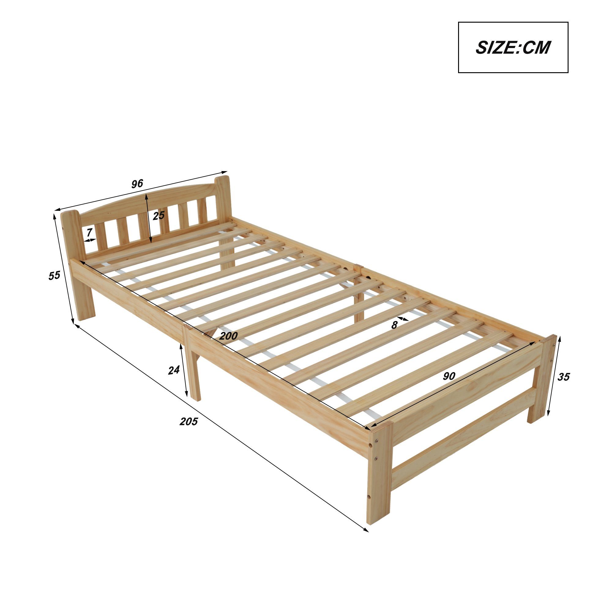 Massivholzbett (Futonbett), Einzelbett mit Kopfteil und Lattenrost, 90x200 cm