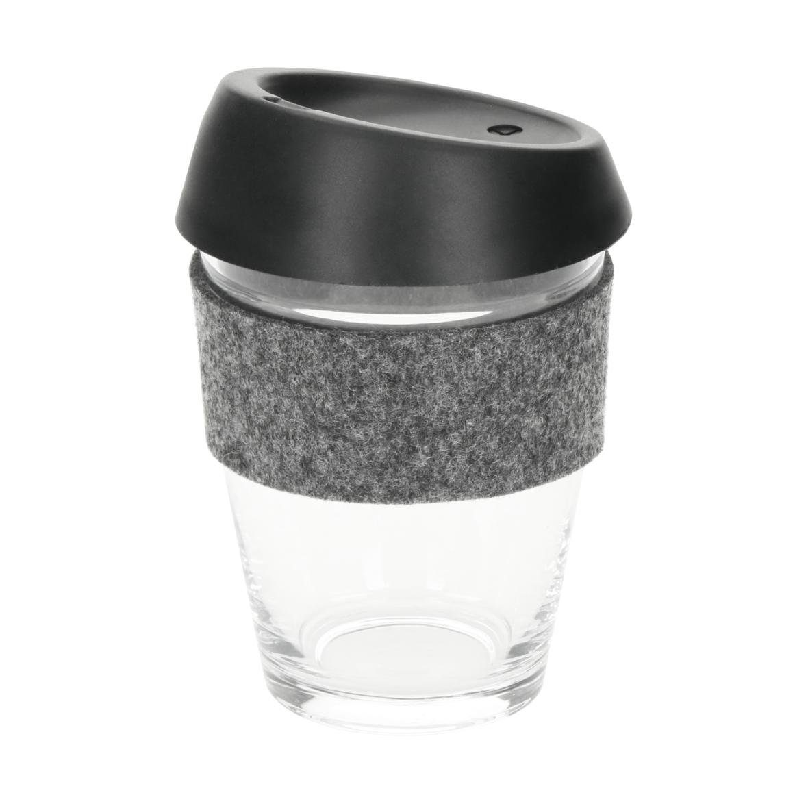 Becher 300ml Kaffeebecher aus Glas mit Silikon-Deckel inkl Filzmanschette