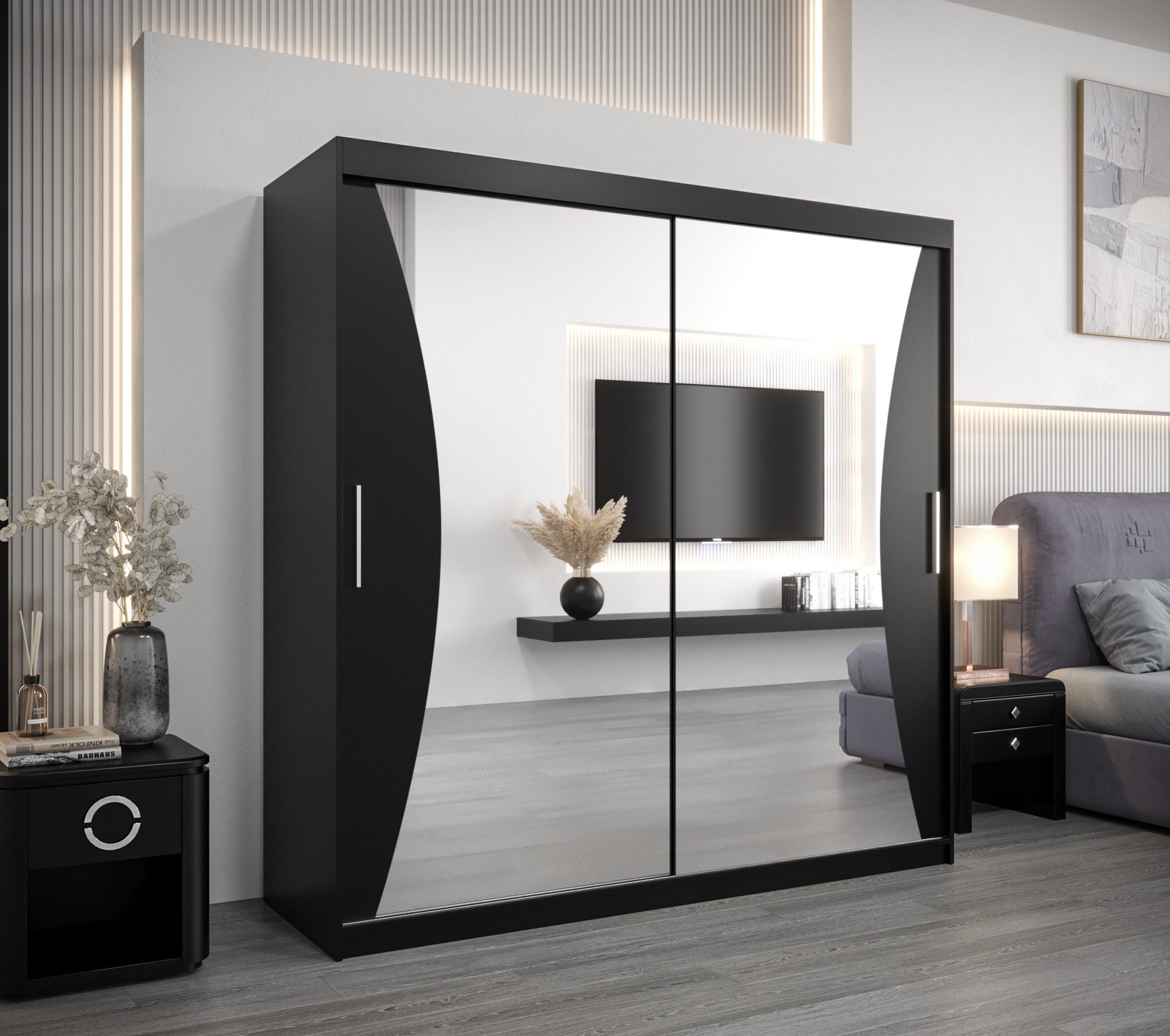 MOEBLO Schiebetürenschrank MEGRA (mit Spiegel, mit/ ohne Schubladen, Schwebetürenschrank Schrank Garderobe Schiebtüren Schlafzimmer Wohnzimmerschrank) (BxHxT):100/120/150/180/200/250x200x62 cm