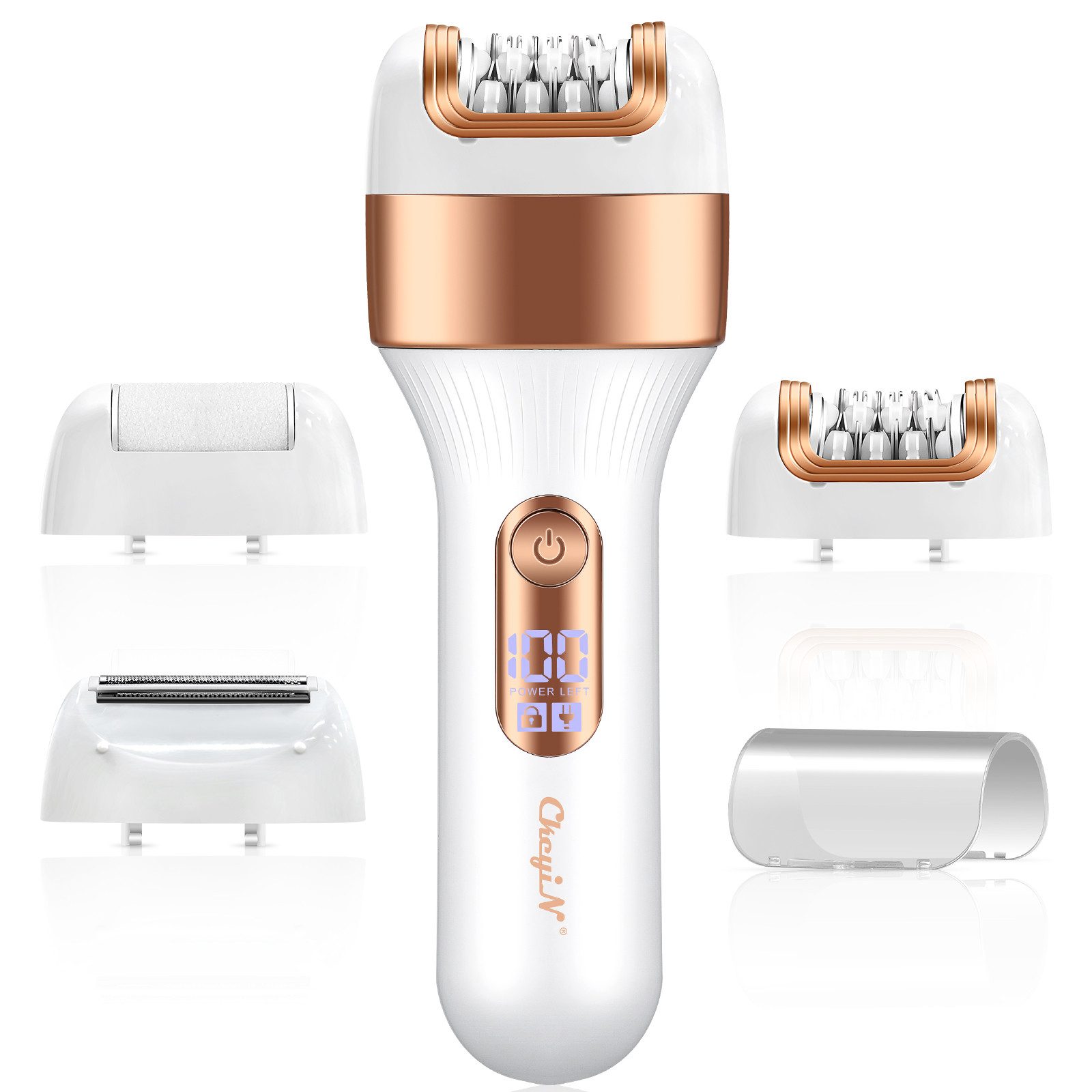 CkeyiN Epilierer Epilierer Damen 3 in 1 mit Rasier-,Trimmer- &Hornhautentferner Aufsatz, Aufsätze: 3 St., 8000U/min,LED-Anzeige,Reisesperre, Nass- und Trockenepilierer Körperrasierer für seidig-glatte Haut