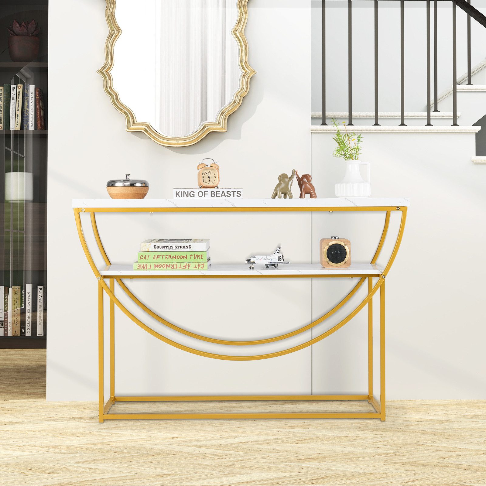 COSTWAY Konsolentisch, Konsolentisch schmal, Eingangstisch 120cm, Marmor, gold