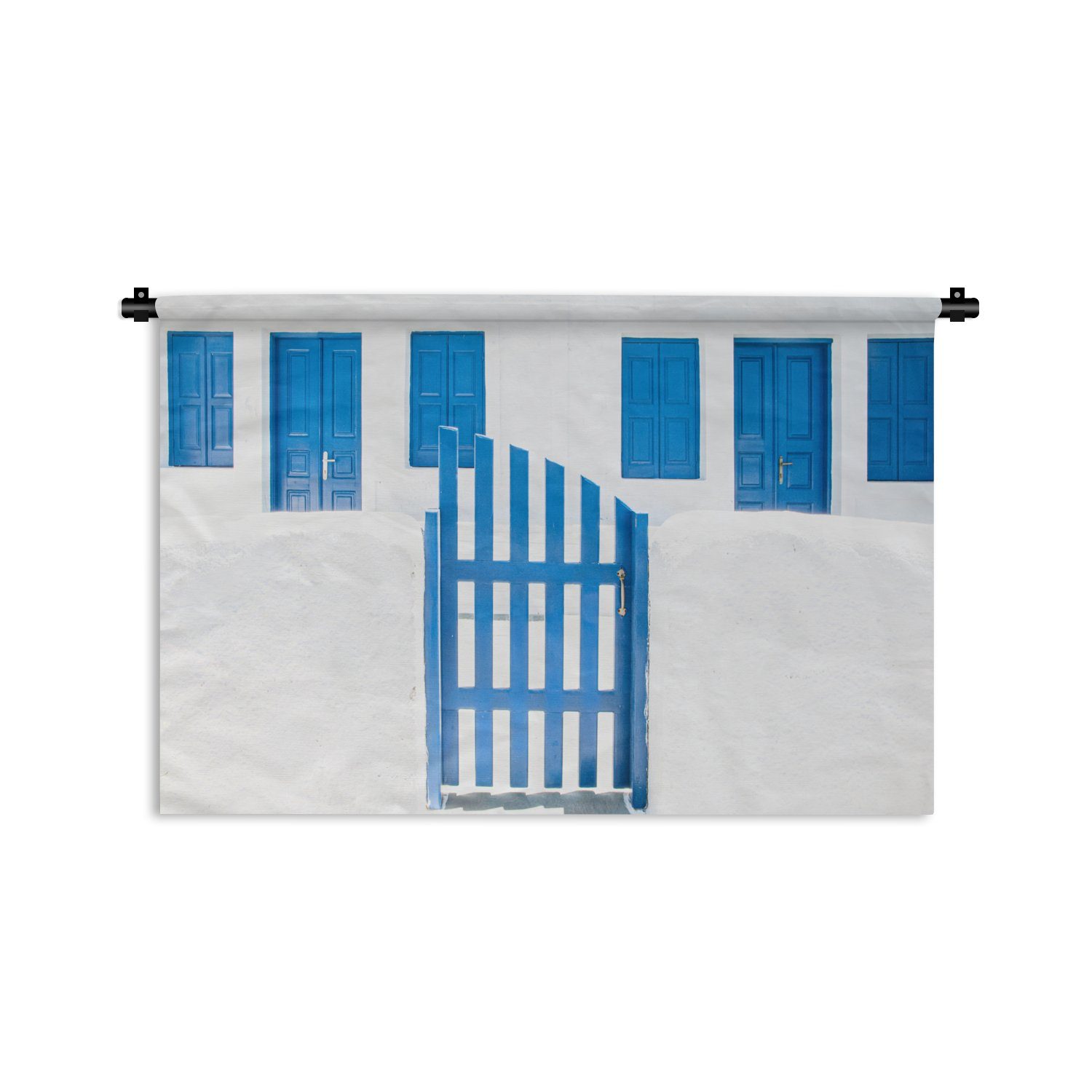 MuchoWow Wanddekoobjekt Architektur - Zaun - Weiß - Blau - Türen, Wanddeko für Wohnzimmer, Schlafzimmer, Kleid, Wandbehang, Kinderzimmer
