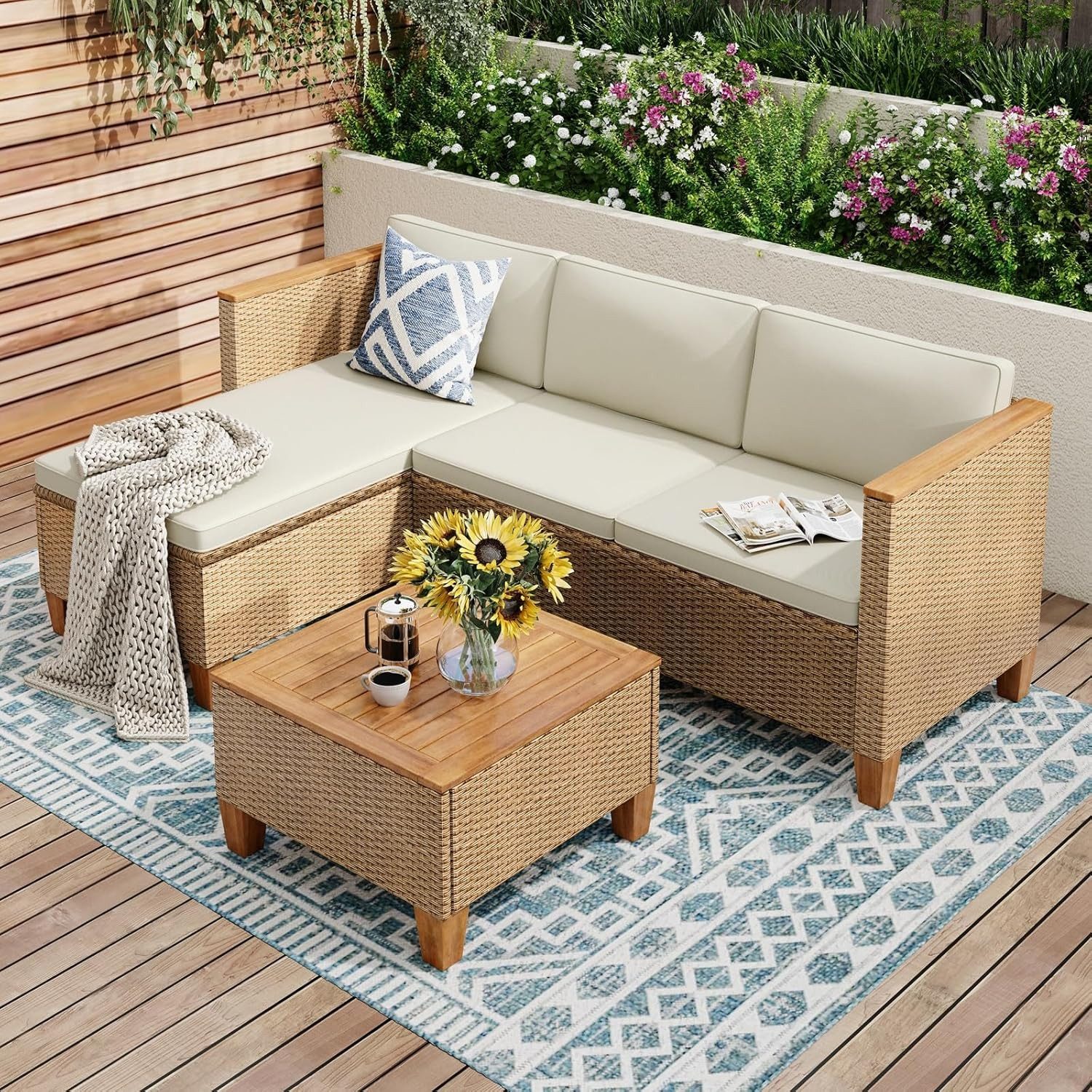 PHI VILLA Gartenlounge-Set, (1 Chaiselongue, 1 Zweisitzer-Sofa und 1 Kleiner Couchtisch, PE Rattan Lounge Möbel Outdoor), 4 Personen Terassenmöbel Außen Gartensofa
